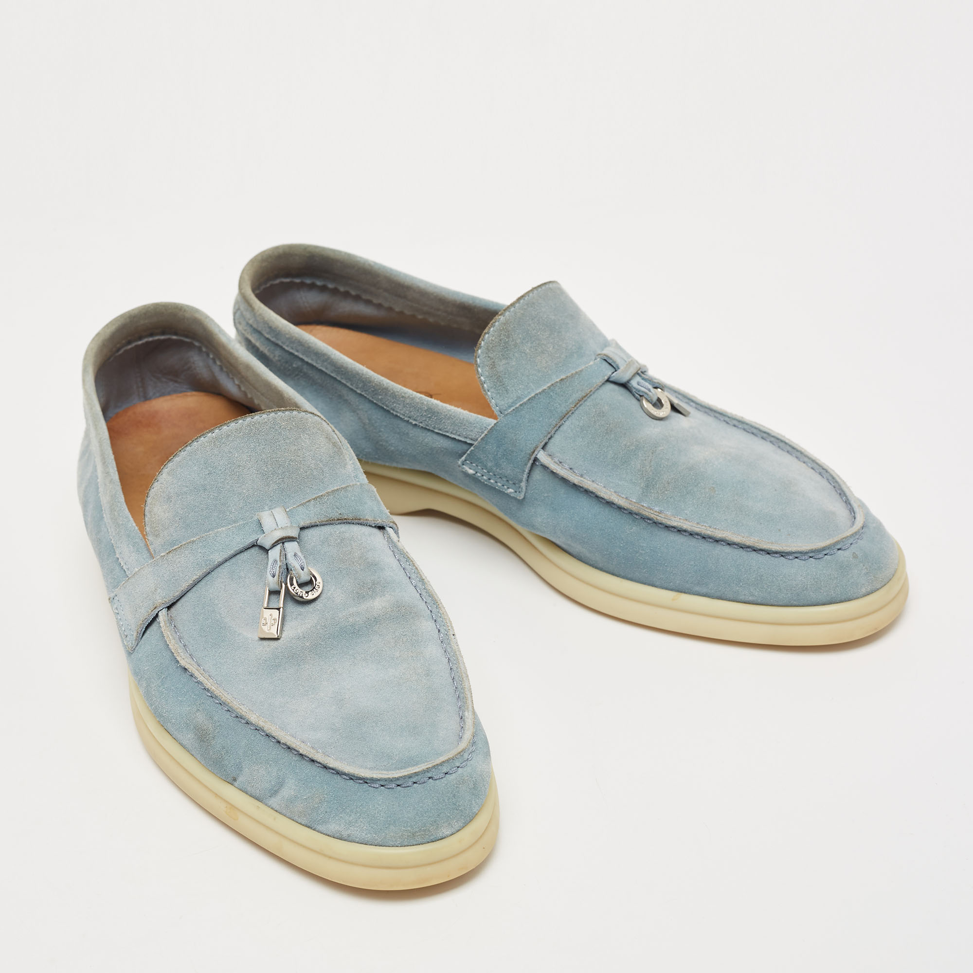 Loro Piana Light Blue Suede Summer Charms Walk Loafers Size 39