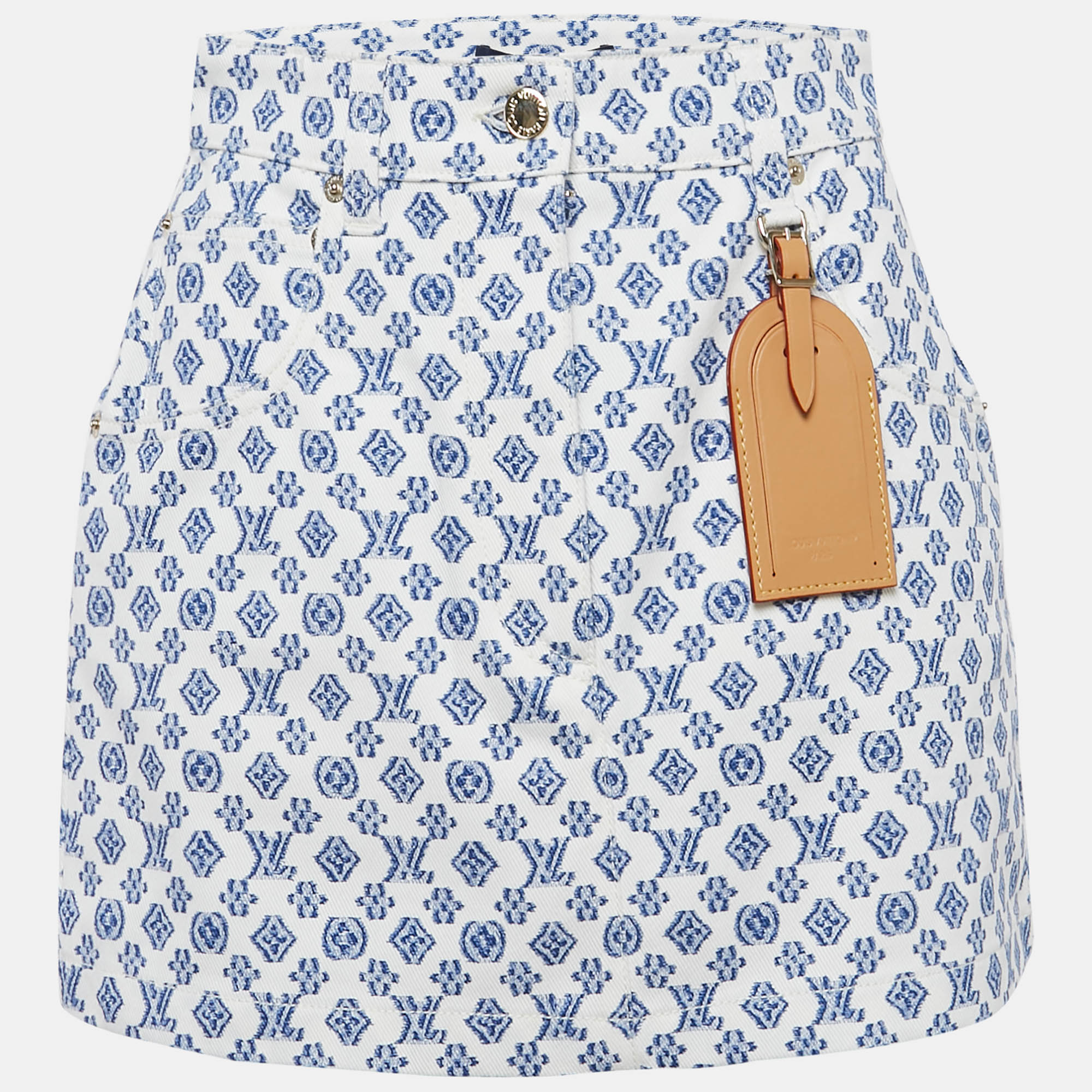 Louis Vuitton White Monogram Print Denim Leather Badge Detail Mini Skirt M
Louis Vuitton White Monogram Print Denim Leather Badge Detail Mini Skirt M
