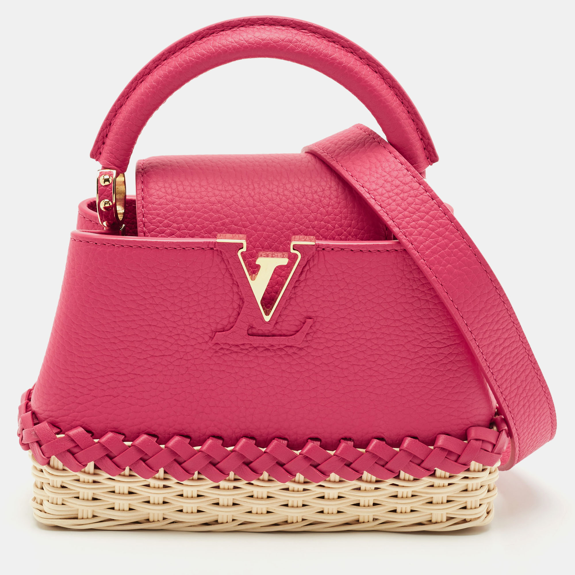 Louis Vuitton Magenta/Beige Taurillon Leather and Rattan Capucines Mini Bag, Pink
Louis Vuitton Magenta/Beige Taurillon Leather and Rattan Capucines Mini Bag, Pink