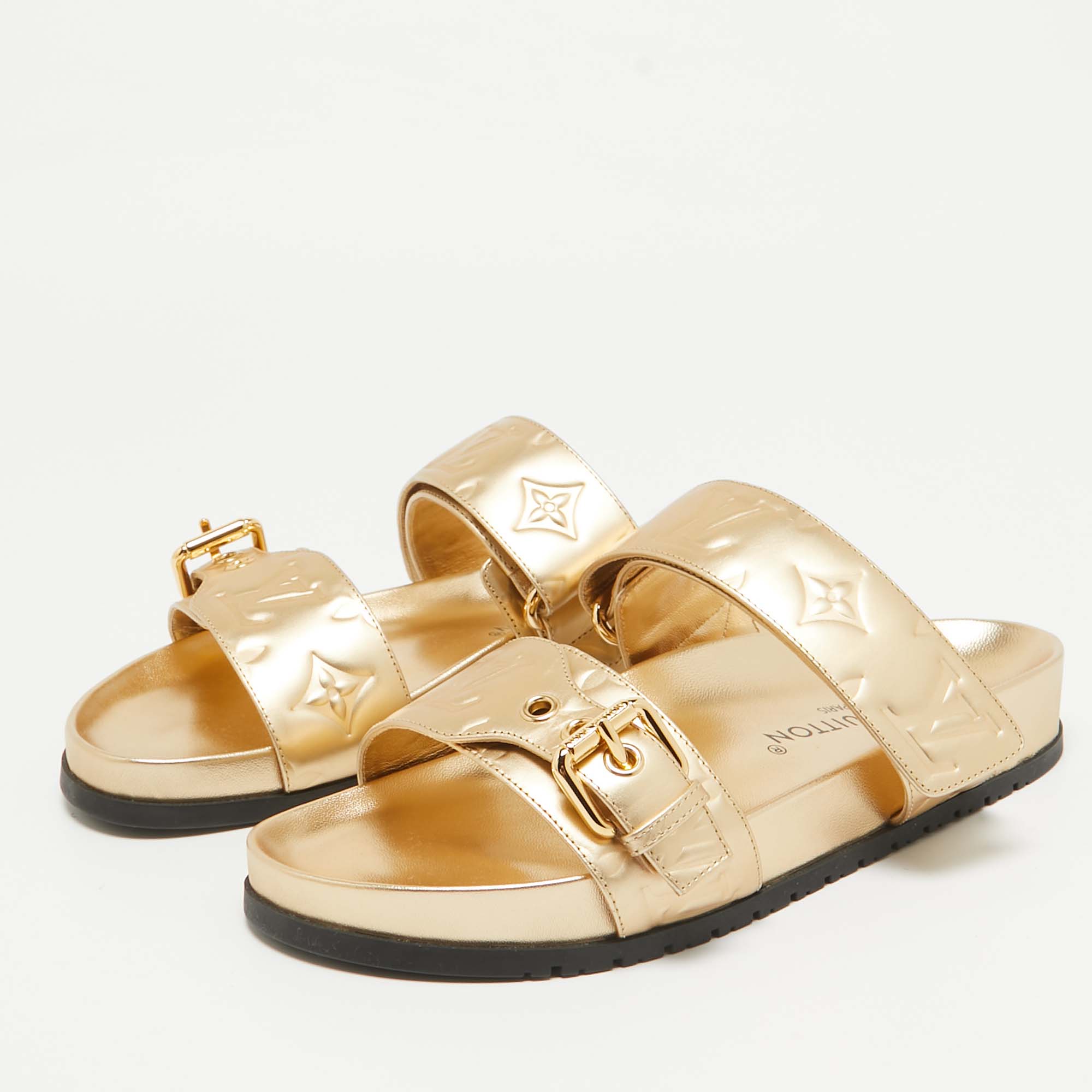 Louis Vuitton Gold Monogram Embossed Leather Bom Dia Slides Size 37