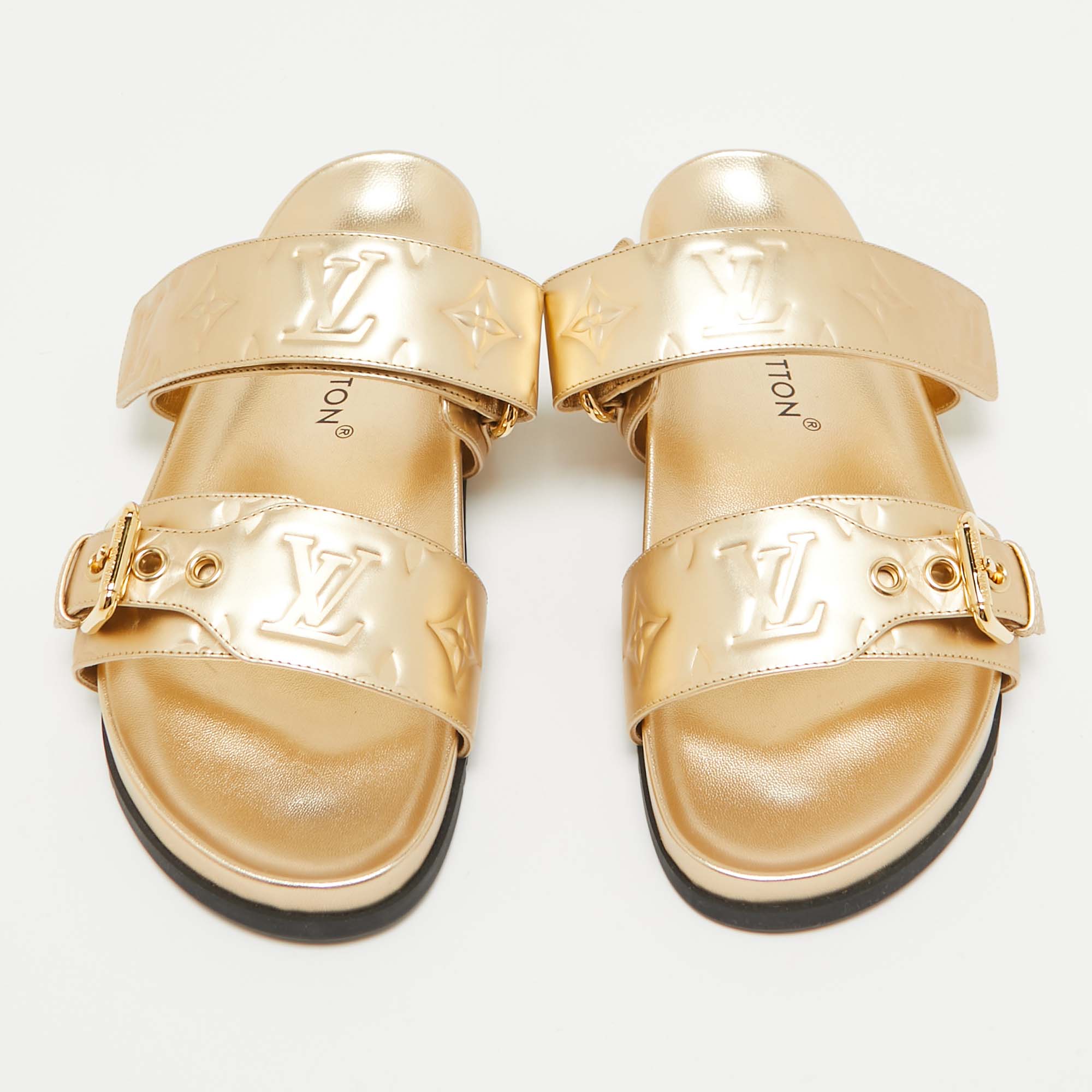 Louis Vuitton Gold Monogram Embossed Leather Bom Dia Slides Size 37