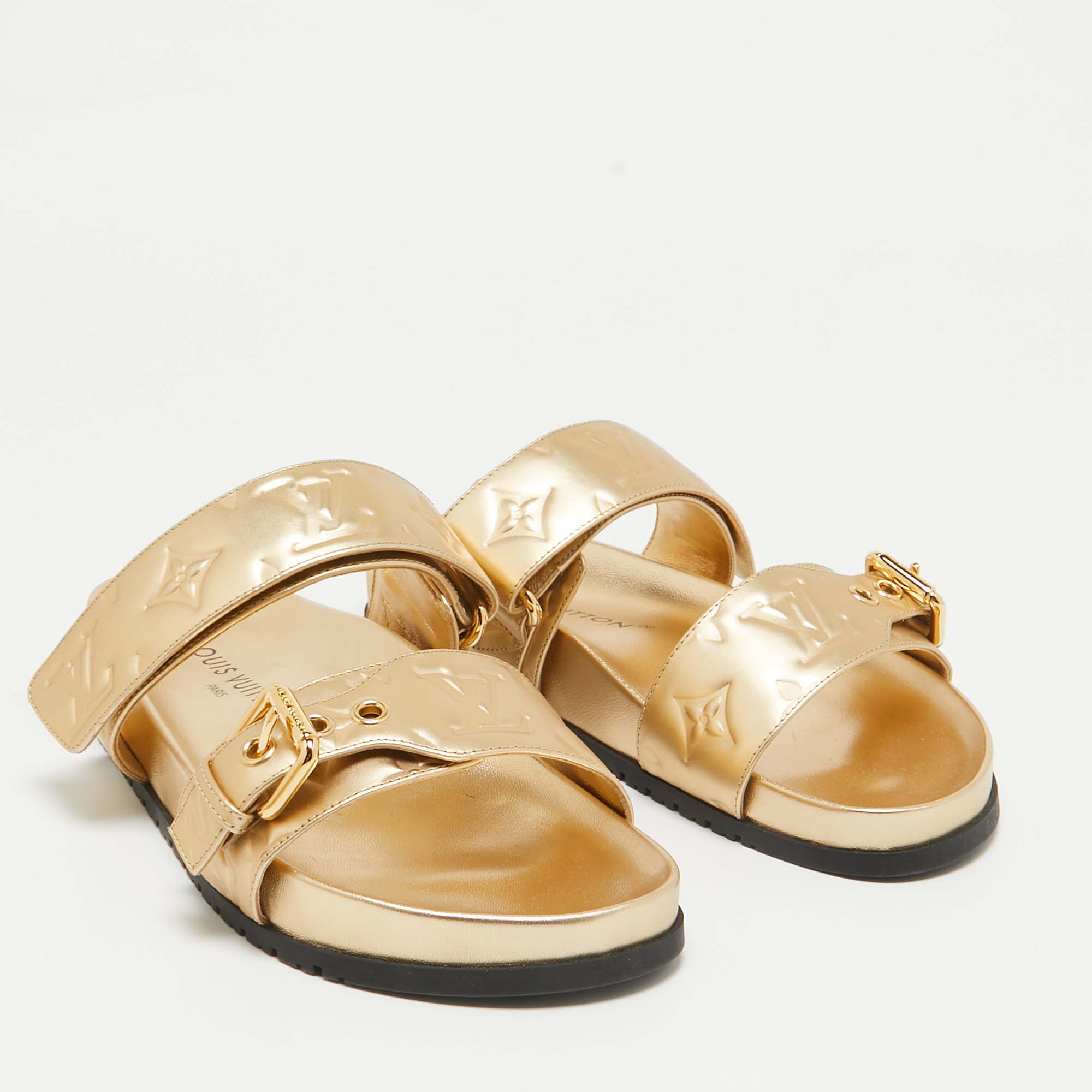 Louis Vuitton Gold Monogram Embossed Leather Bom Dia Slides Size 37