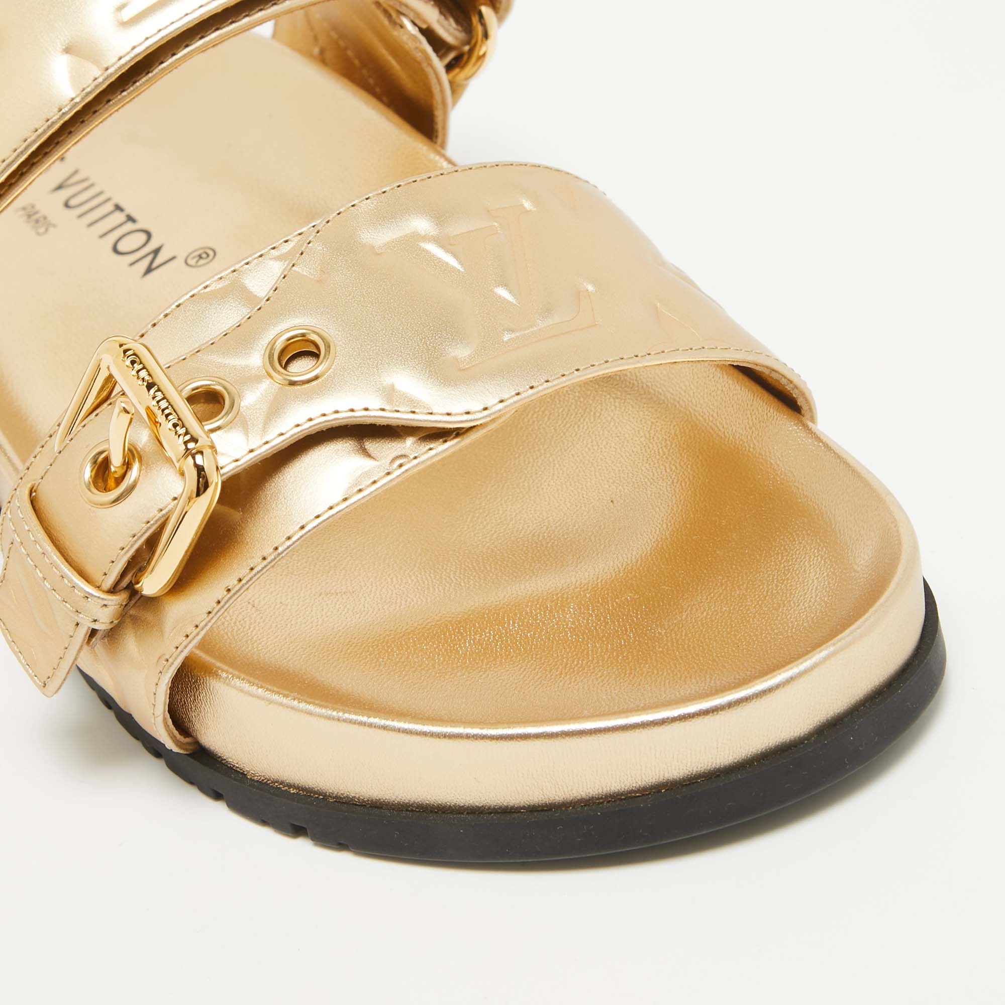 Louis Vuitton Gold Monogram Embossed Leather Bom Dia Slides Size 37