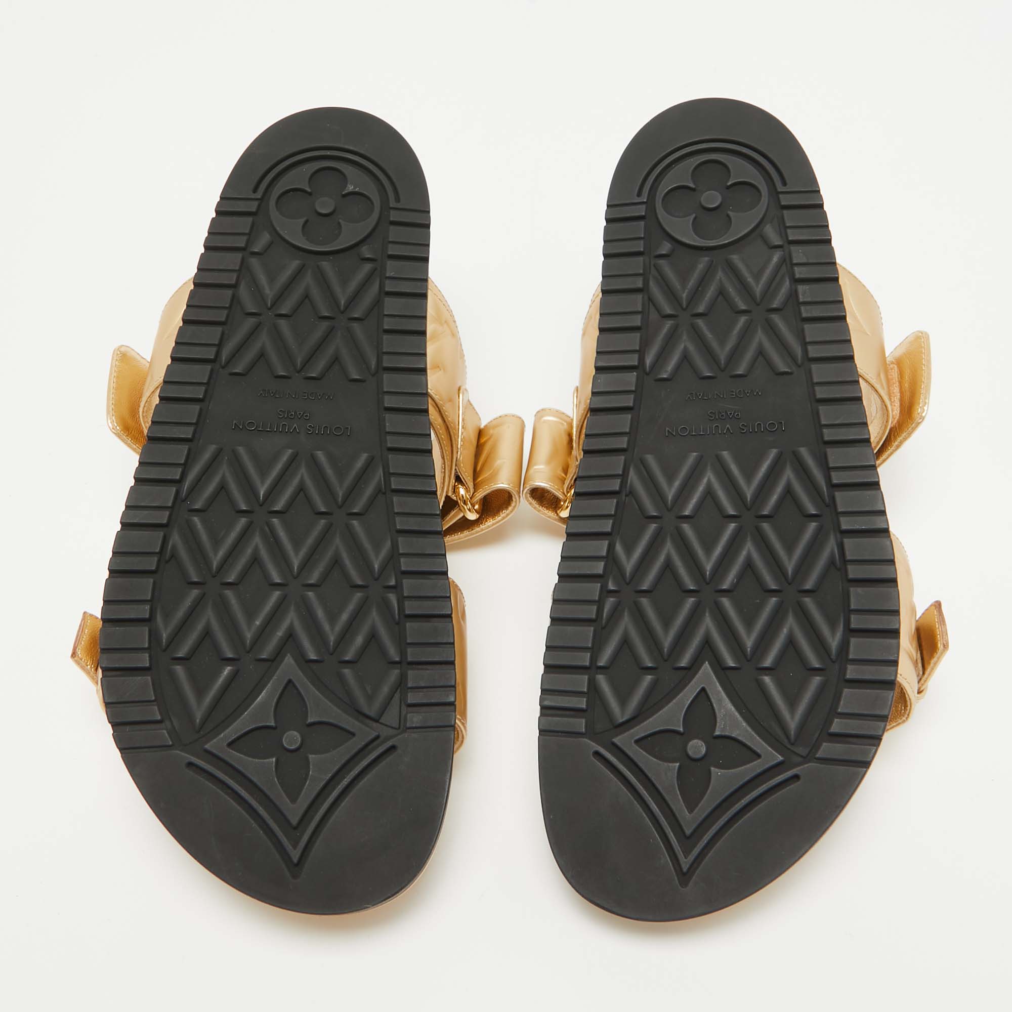 Louis Vuitton Gold Monogram Embossed Leather Bom Dia Slides Size 37