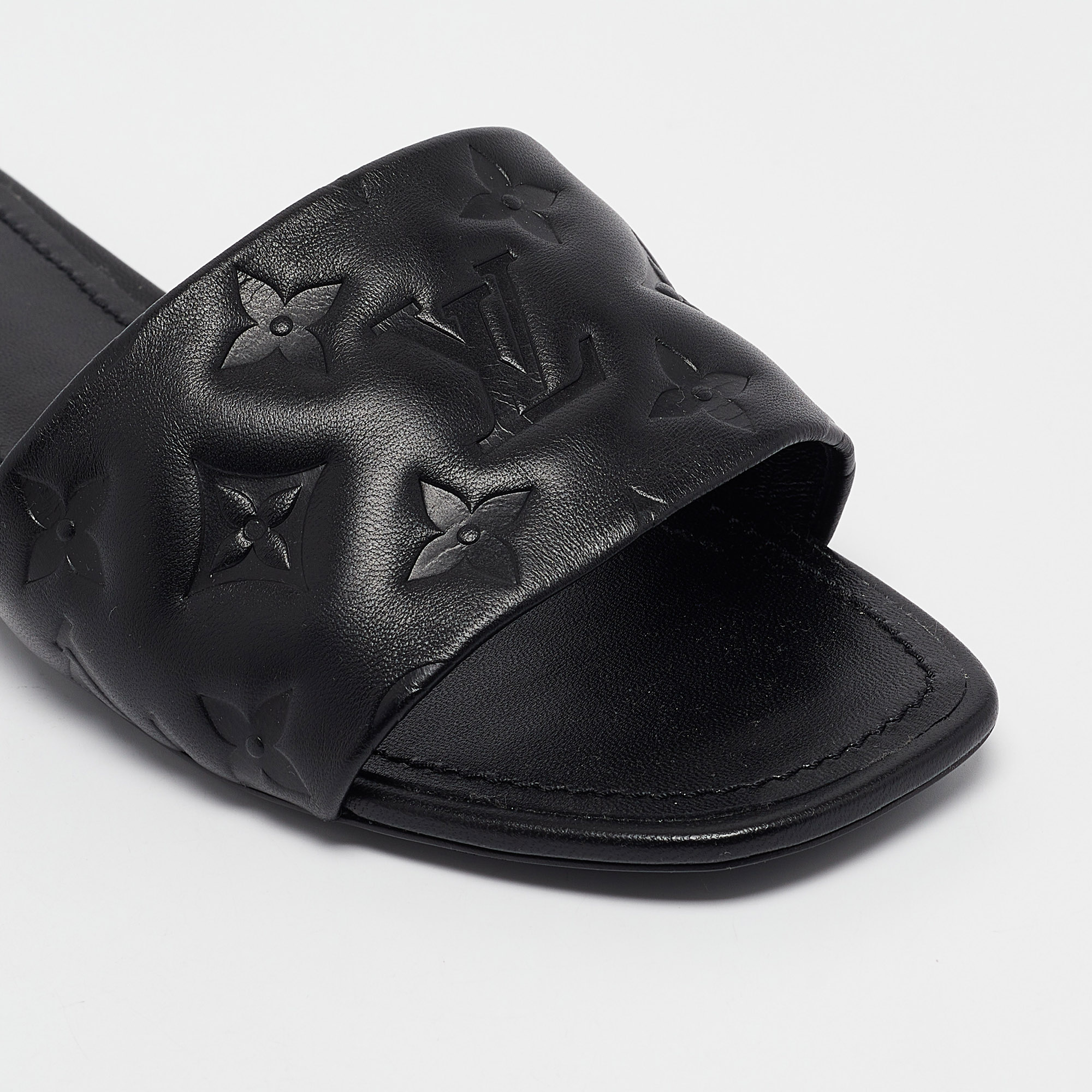 Louis Vuitton Black Monogram Embossed Leather Revival Flat Slides Size 38