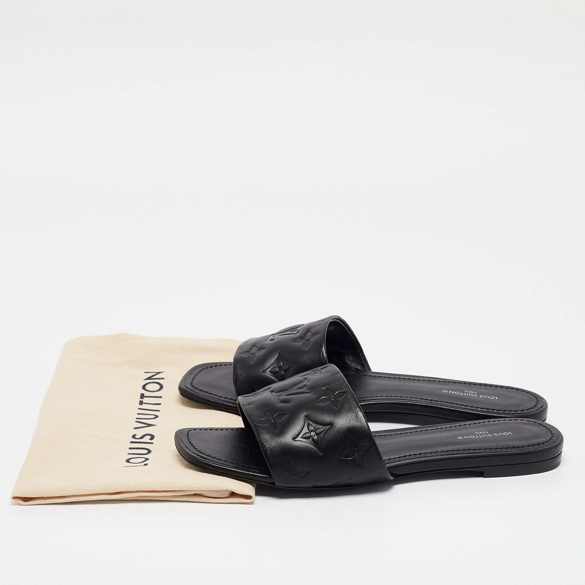 Louis Vuitton Black Monogram Embossed Leather Revival Flat Slides Size 38