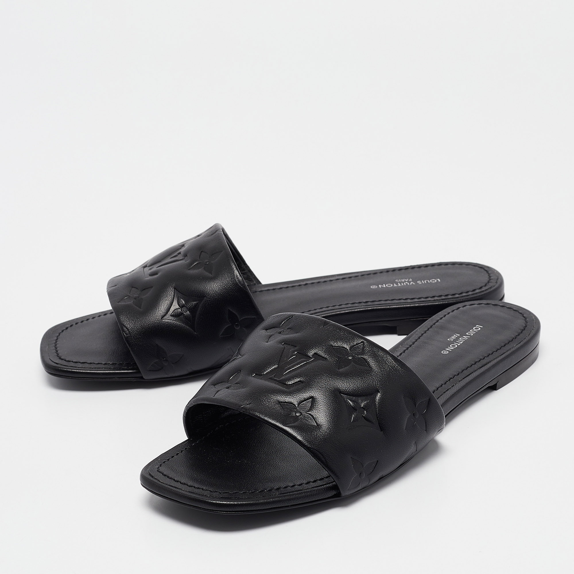 Louis Vuitton Black Monogram Embossed Leather Revival Flat Slides Size 38