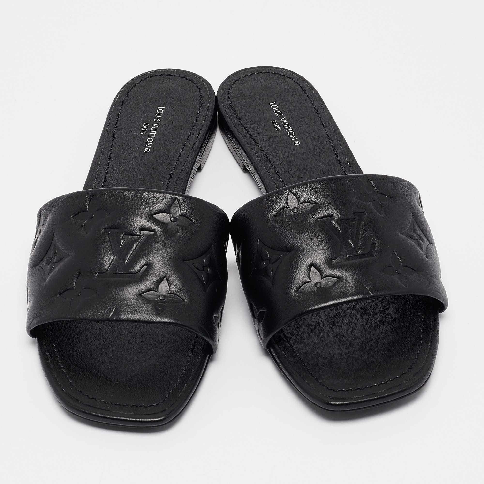 Louis Vuitton Black Monogram Embossed Leather Revival Flat Slides Size 38