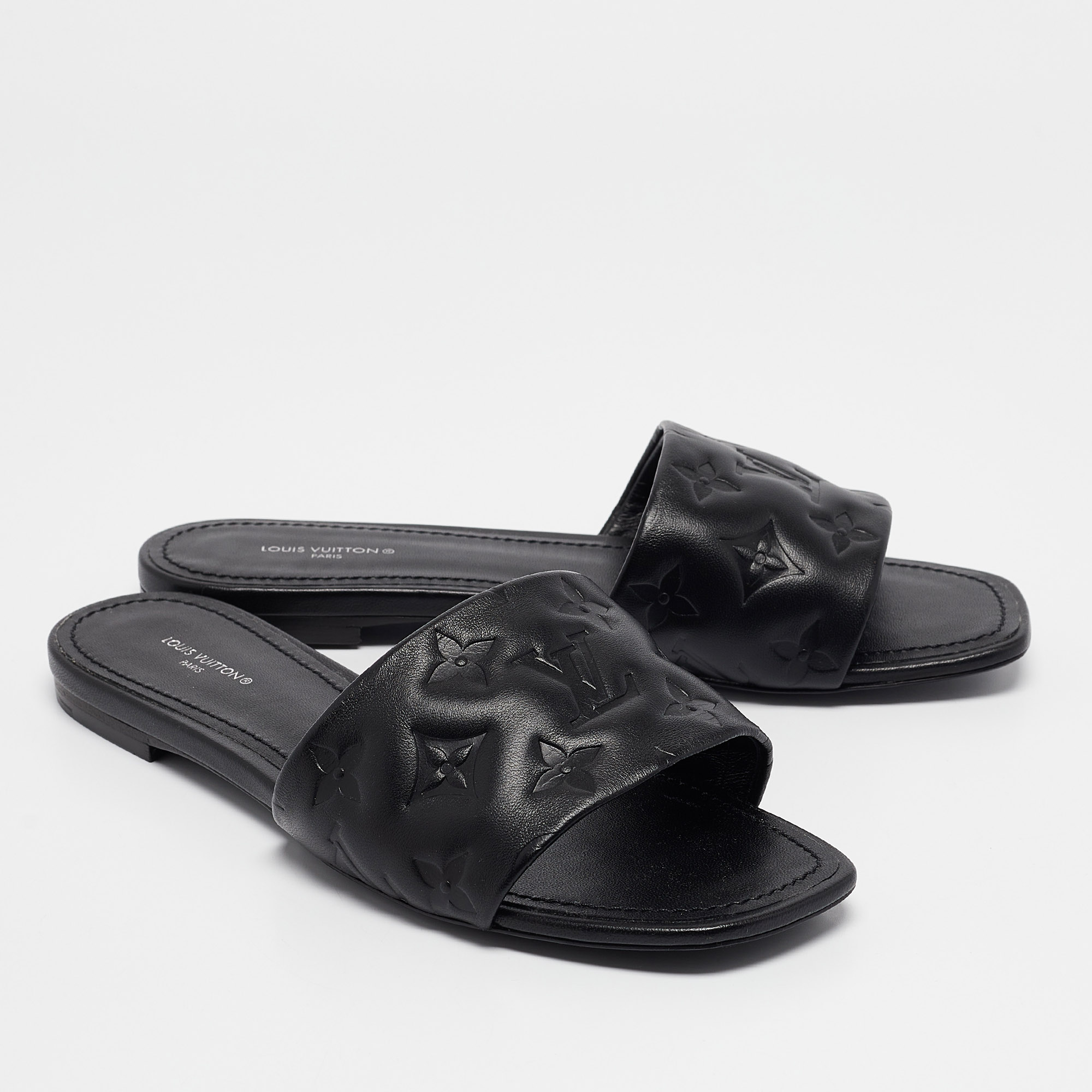 Louis Vuitton Black Monogram Embossed Leather Revival Flat Slides Size 38