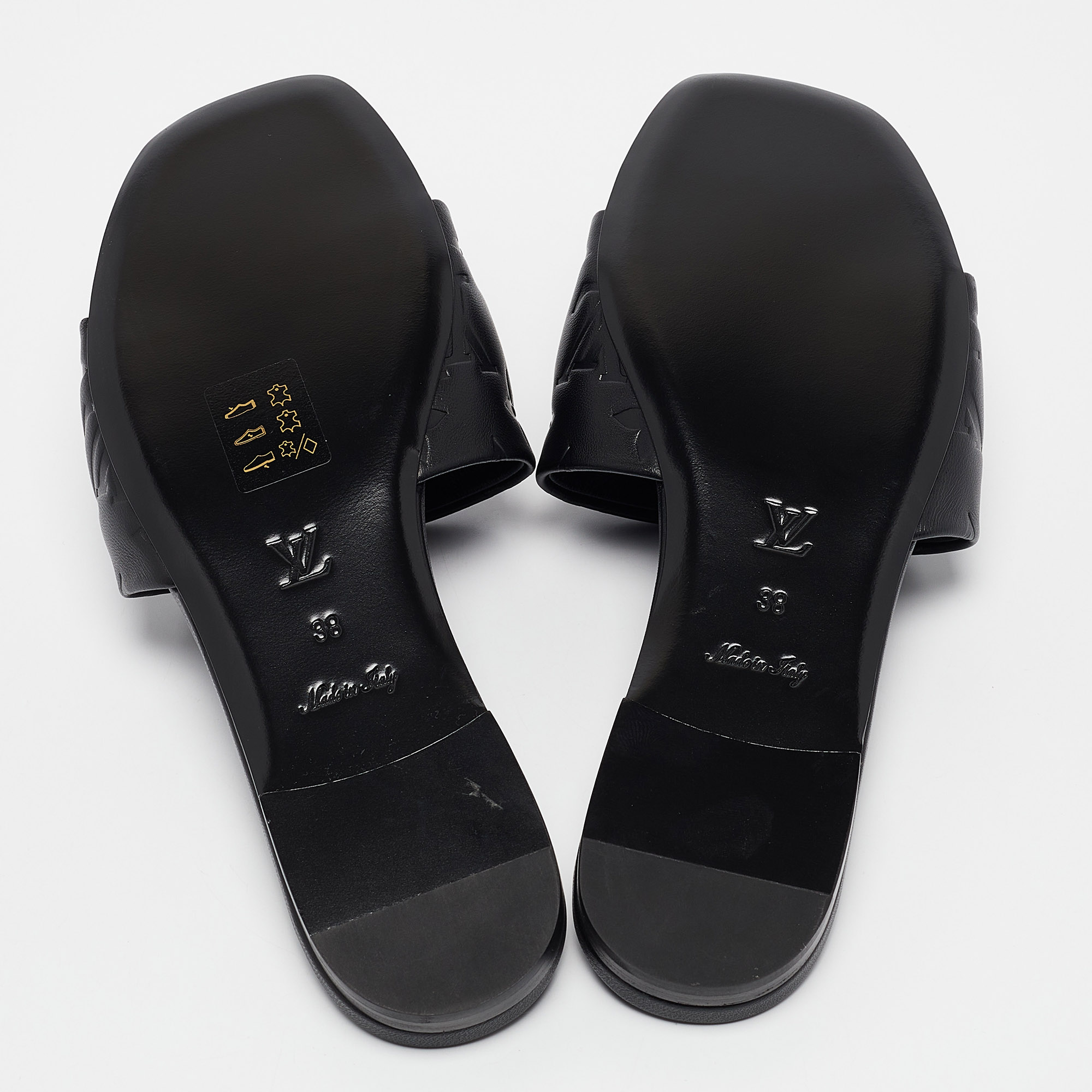 Louis Vuitton Black Monogram Embossed Leather Revival Flat Slides Size 38