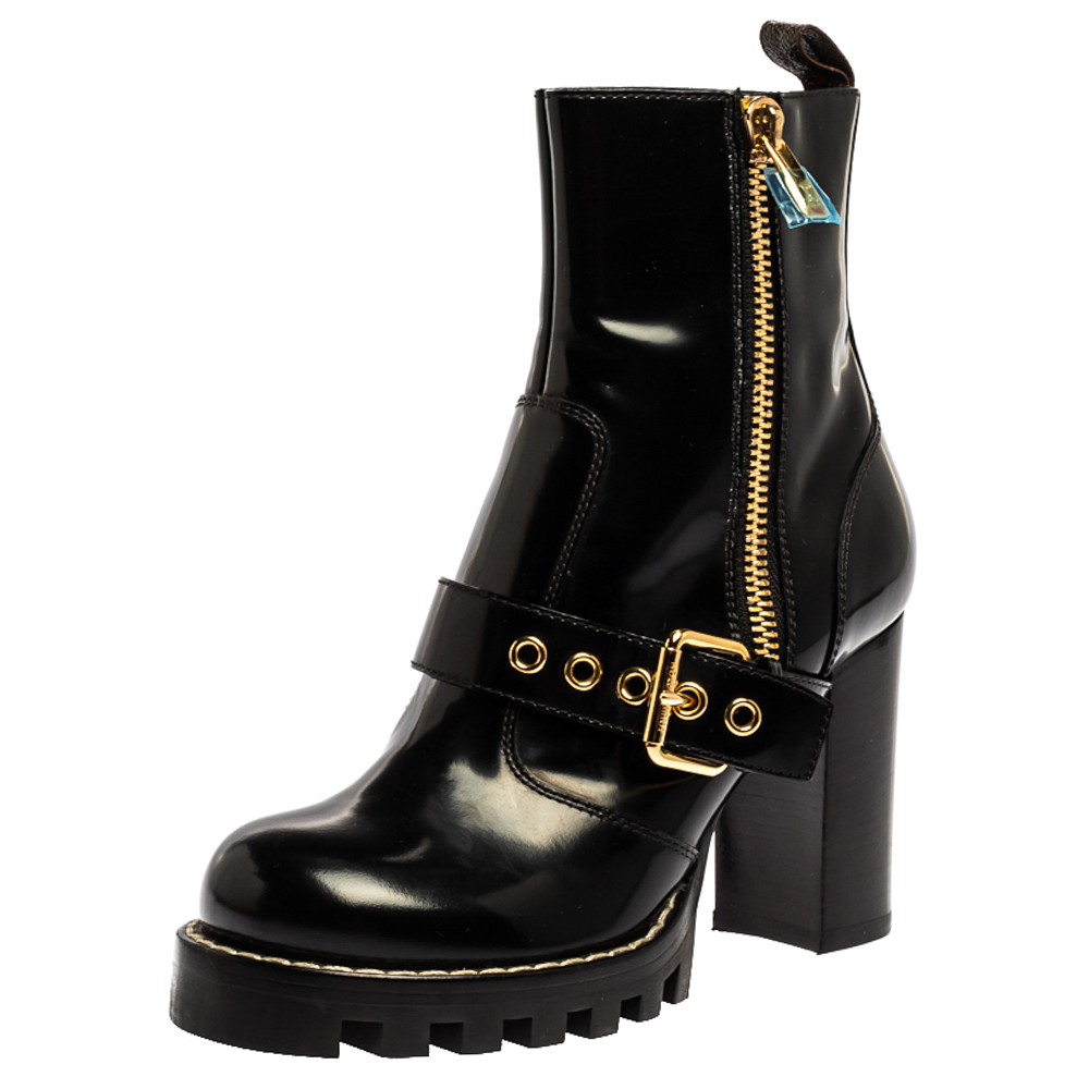 Image of Louis Vuitton Black Leather Buckle Detail Platform Combat Ankle Boots Size