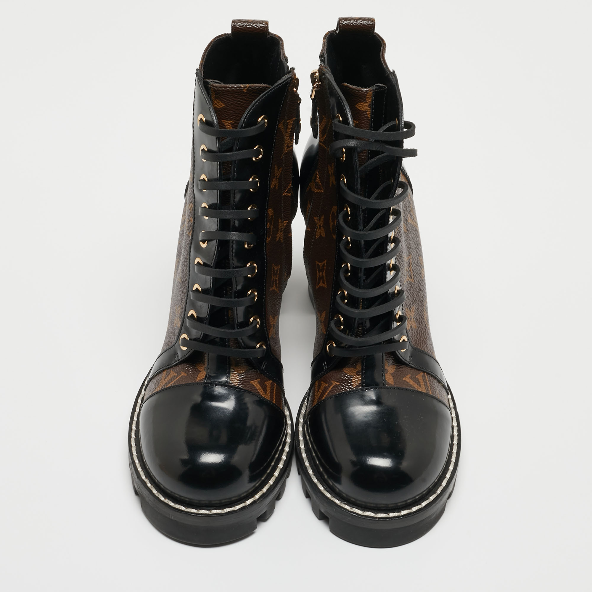 Louis Vuitton Black/Brown Patent Leather And Monogram Canvas Star Trail Boots Size 40
