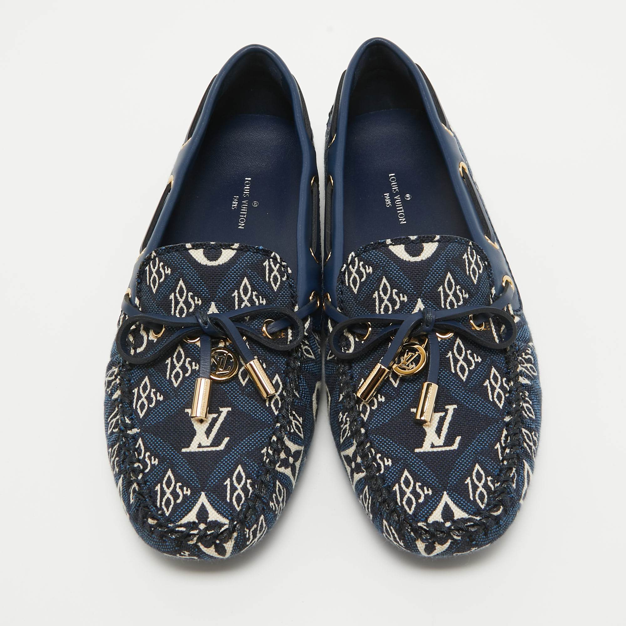 Louis Vuitton Navy Blue Leather And Denim Gloria  Loafers Size 36