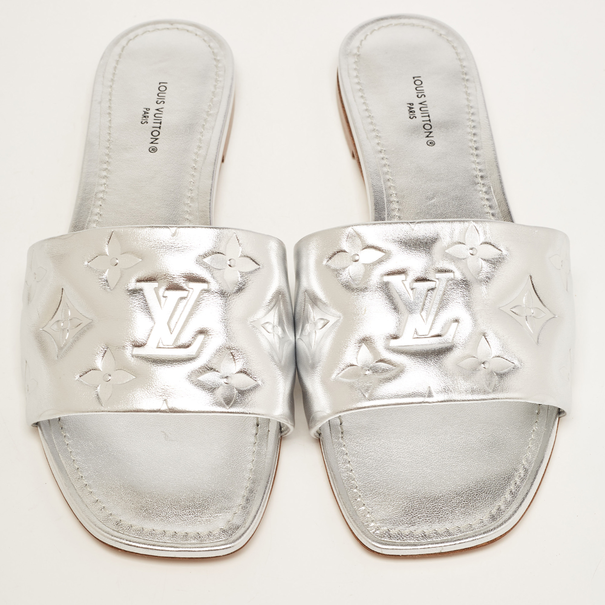 Louis Vuitton Silver Monogram Embossed Leather Revival Flat Slides Size 38