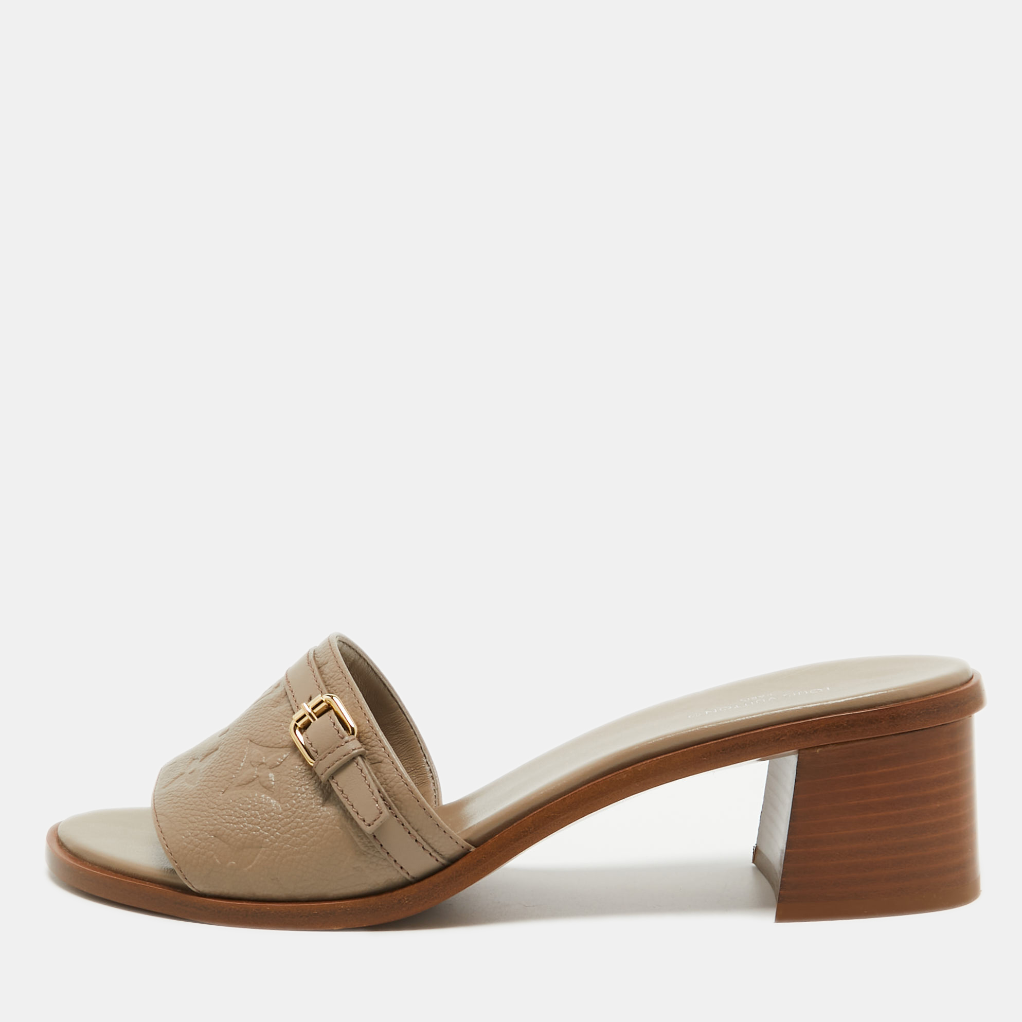 Louis vuitton beige monogram embossed leather block heel slide sandals size 40