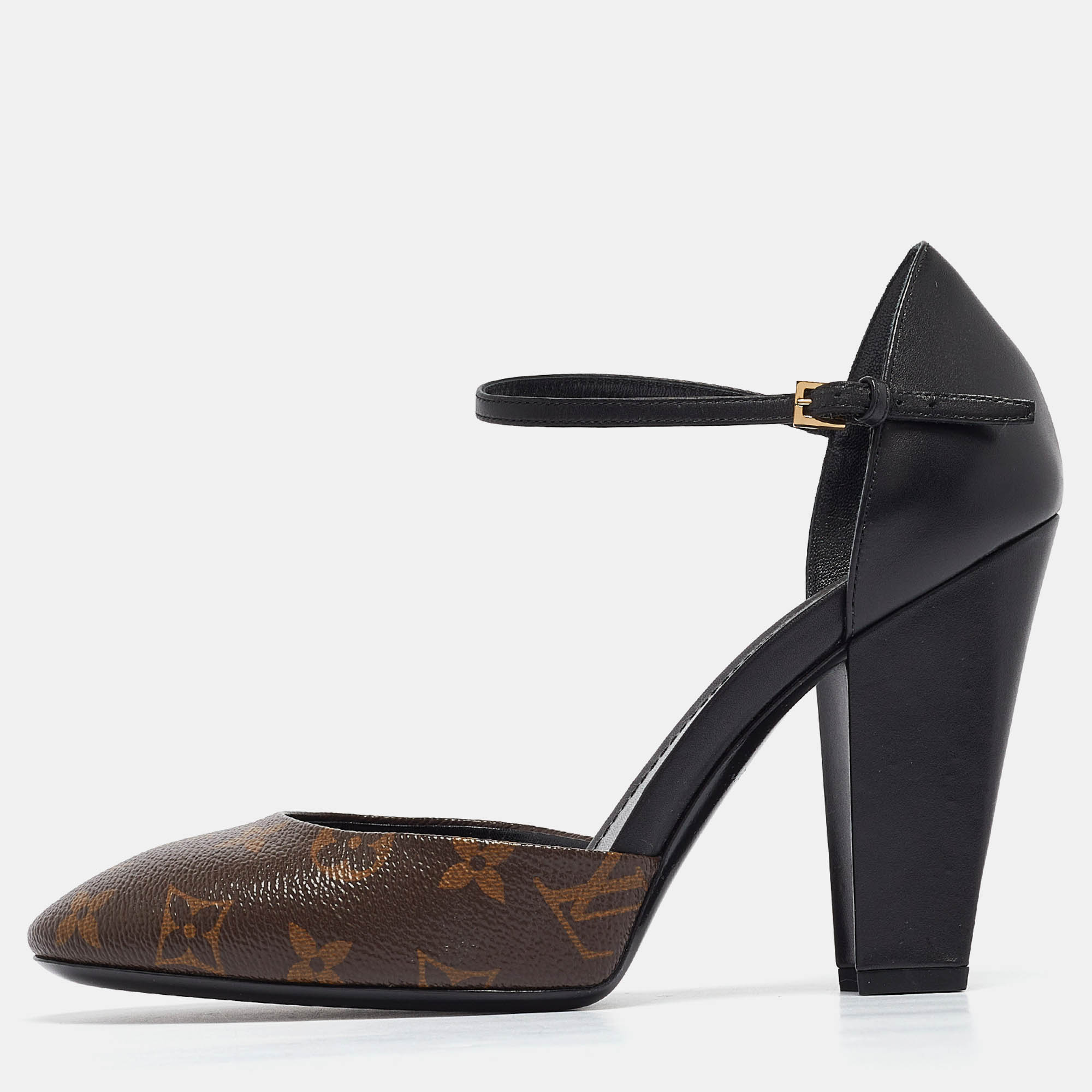 Louis vuitton brown/black monogram canvas and leather d'orsay ankle strap pumps size 39.5