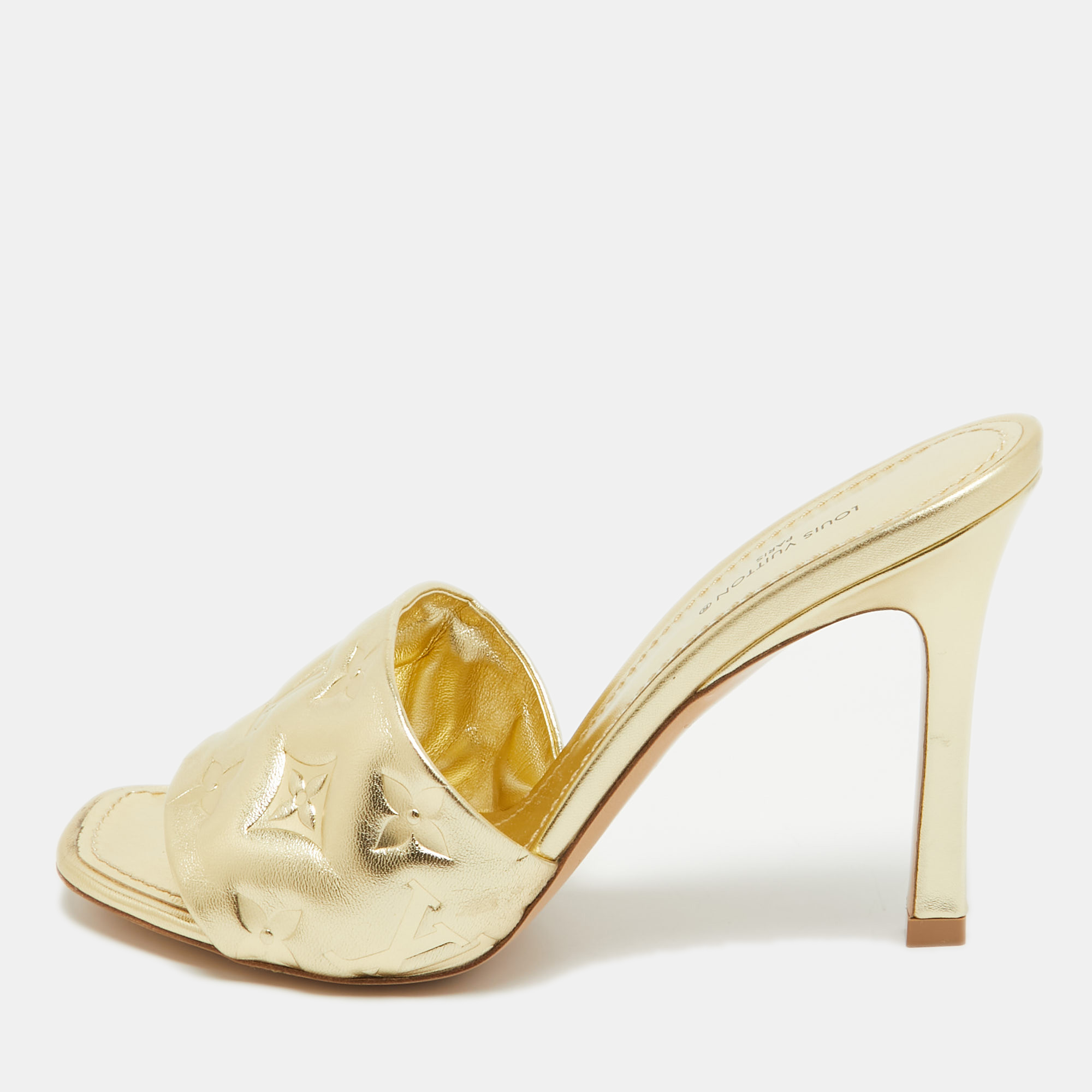 Louis vuitton gold monogram embossed leather revival slide sandals size 37