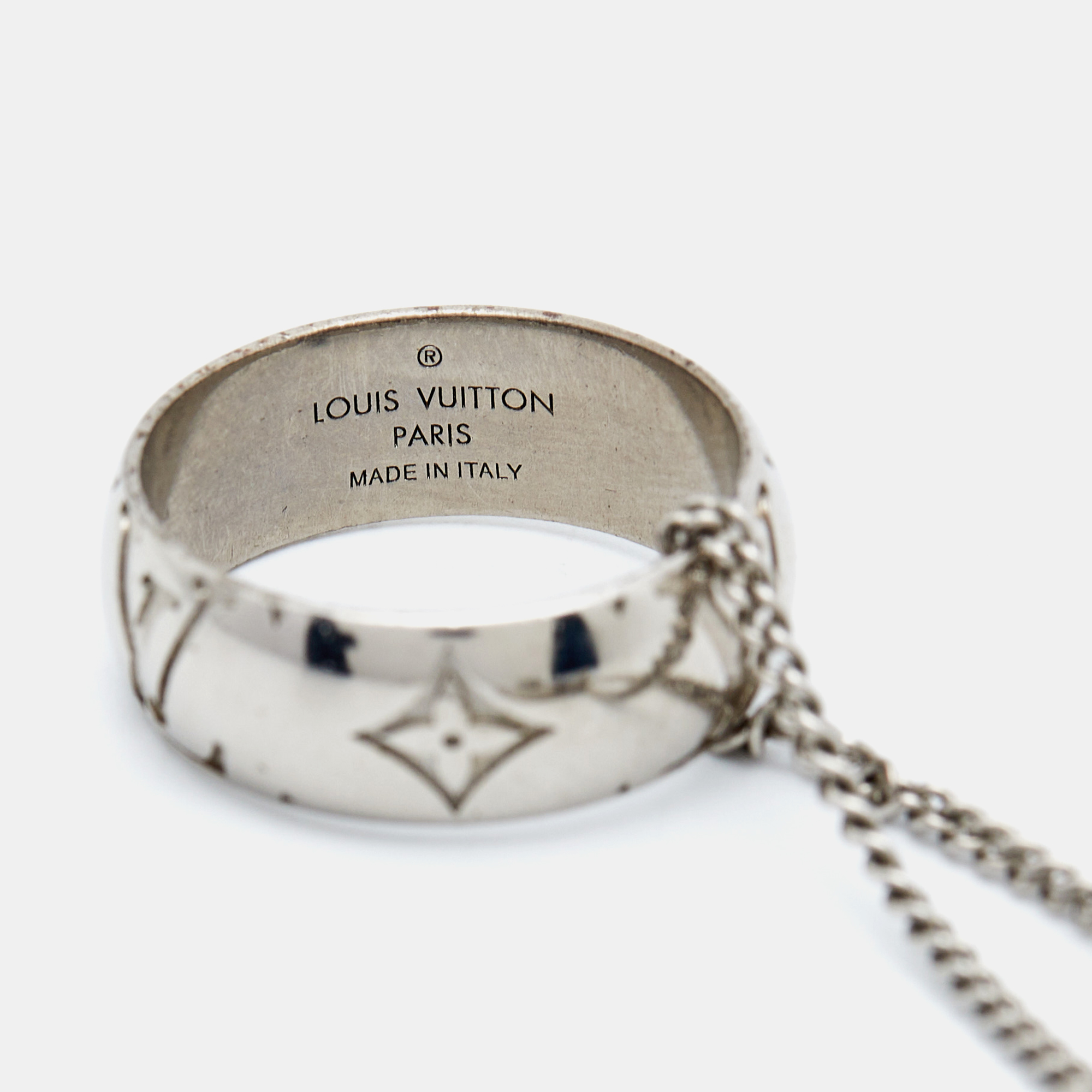 Louis Vuitton Monogram Ring Pendant Silver Tone Charms Necklace