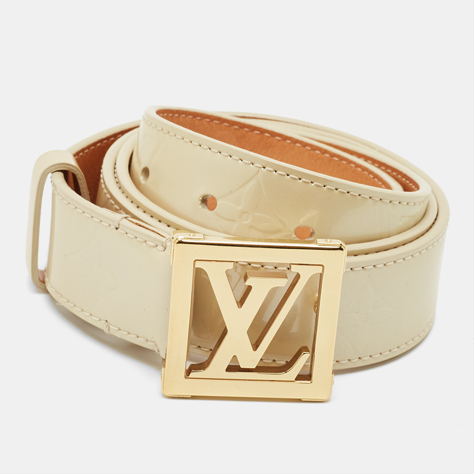 Louis Vuitton Blanc Corail Monogram Vernis LV Frame Belt, Cream
Louis Vuitton Blanc Corail Monogram Vernis LV Frame Belt, Cream