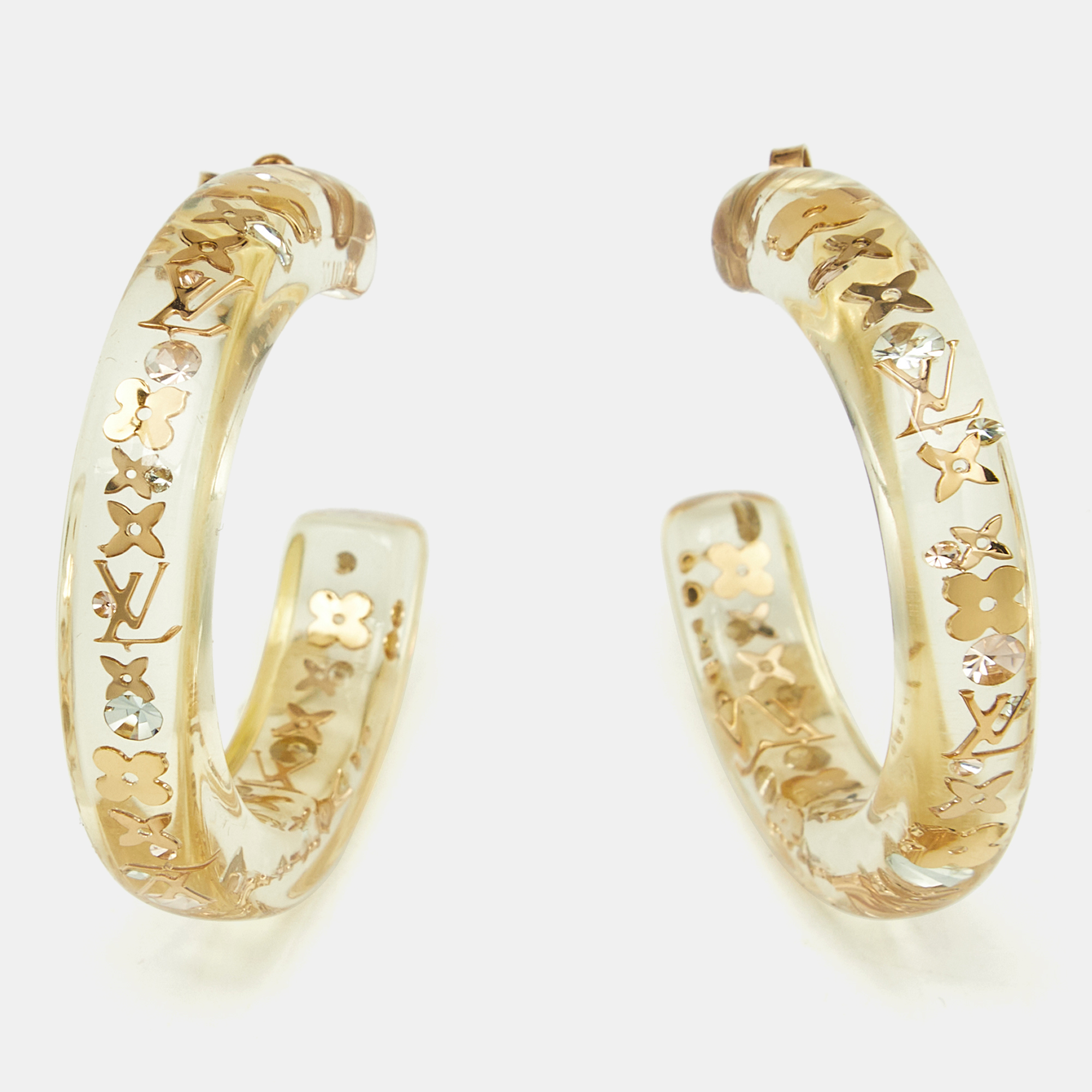 Louis Vuitton Monogram Inclusion Clear Resin Crystals Gold Tone Hoop Earrings
Louis Vuitton Monogram Inclusion Clear Resin Crystals Gold Tone Hoop Earrings