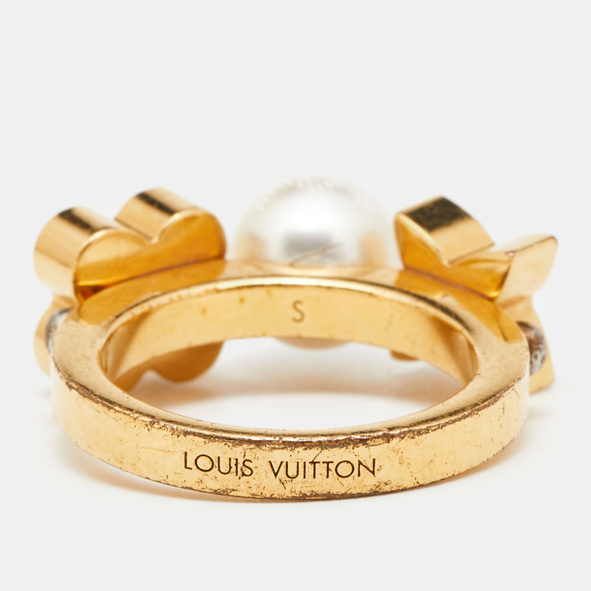 Louis Vuitton Gold Tone Monogram Faux Pearl Ring S