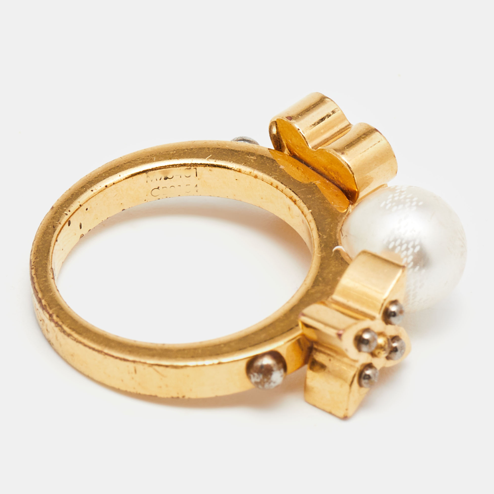 Louis Vuitton Gold Tone Monogram Faux Pearl Ring S