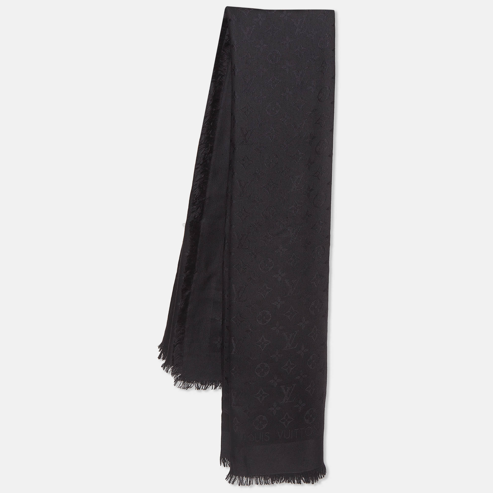 Louis vuitton black silk and wool classique monogram shawl