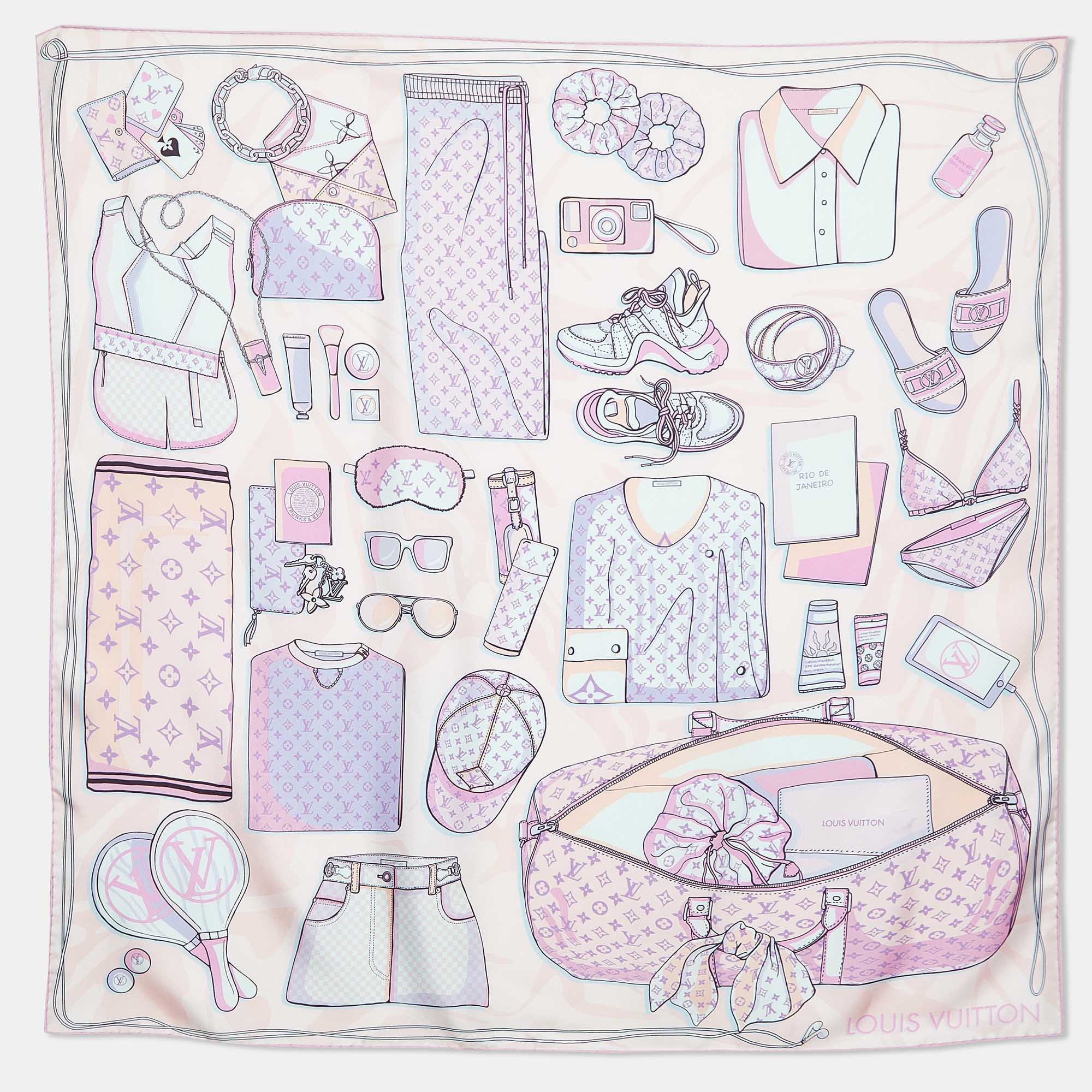 Louis vuitton pink monogram travel kit print silk square scarf