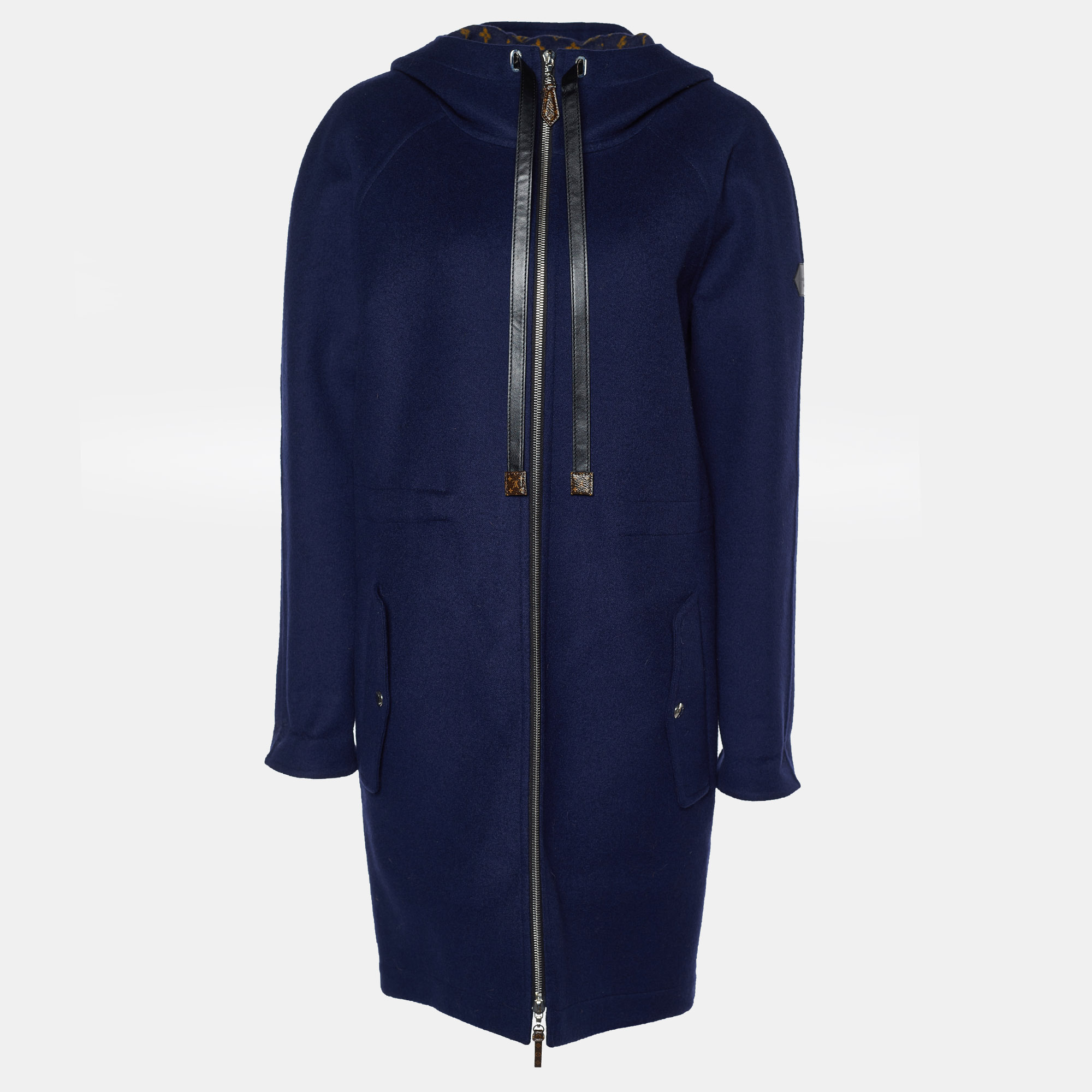 Louis vuitton navy blue monogram wool zip-up hooded coat s
