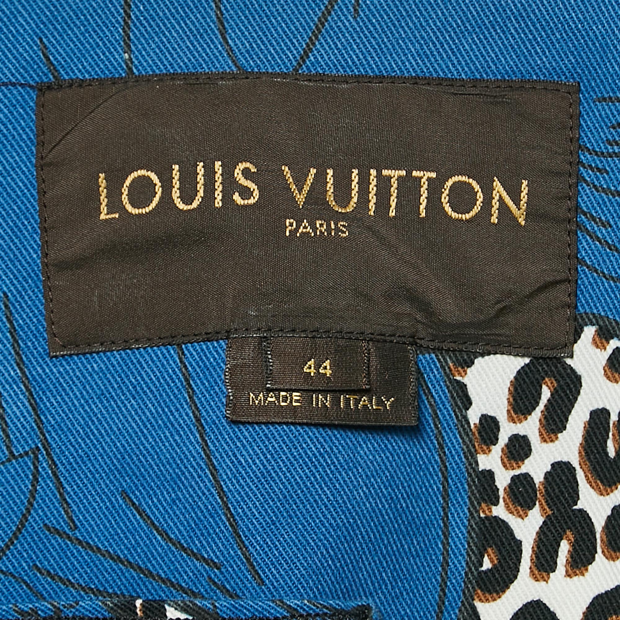 Louis Vuitton Blue Floral & Leopard Print Denim Zip Up Jacket L