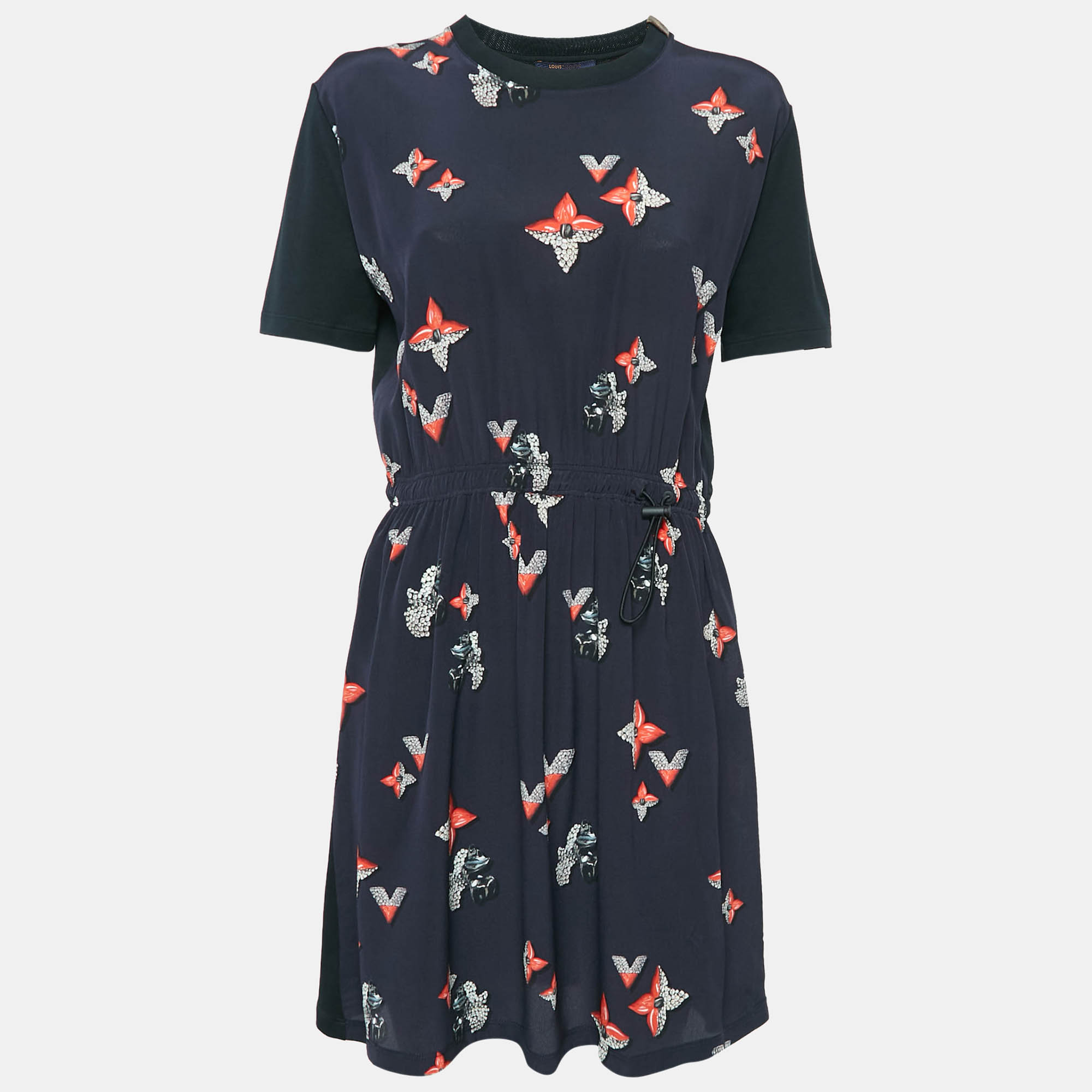 Louis Vuitton Navy Blue Printed Silk And Jersey Mini Dress L