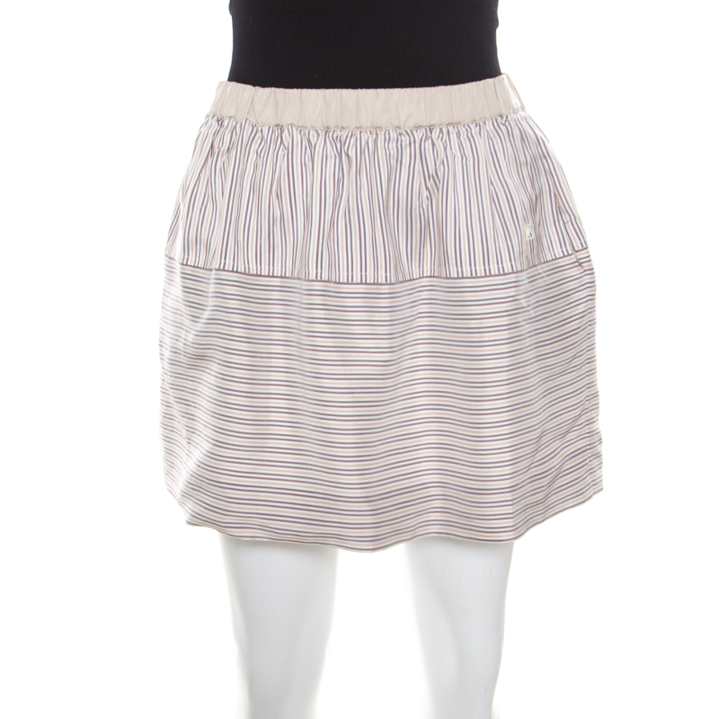 Image of Louis Vuitton Beige Striped Silk Logo Elasticized Waist Mini Skirt M