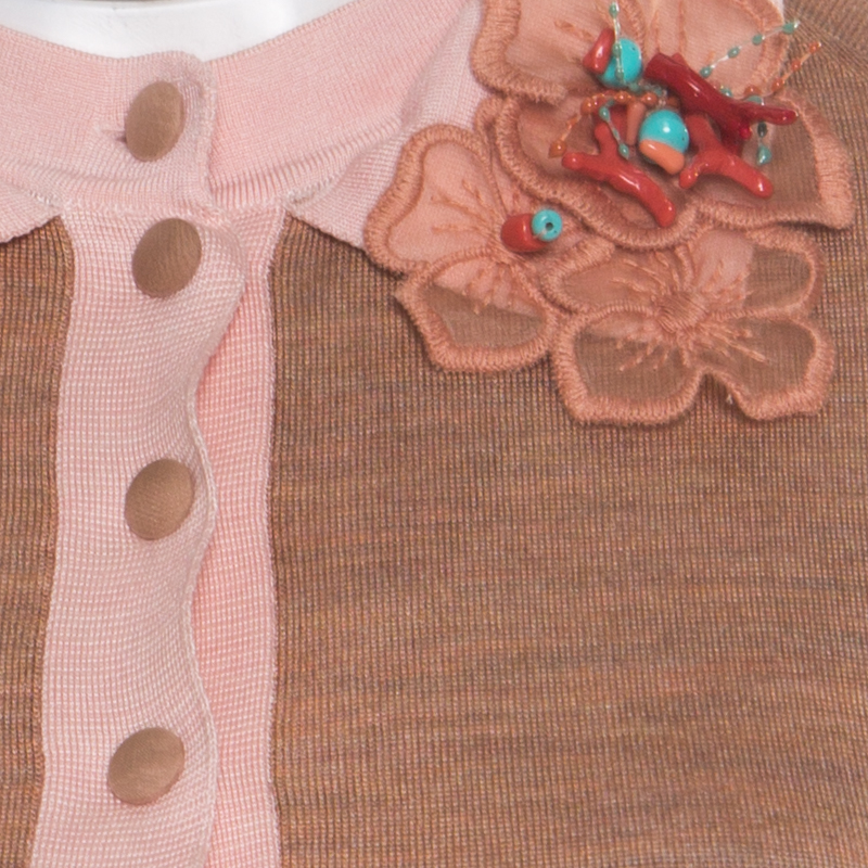 Louis Vuitton Beige Silk Knit Floral And Bead Applique Polo T-Shirt Dress L