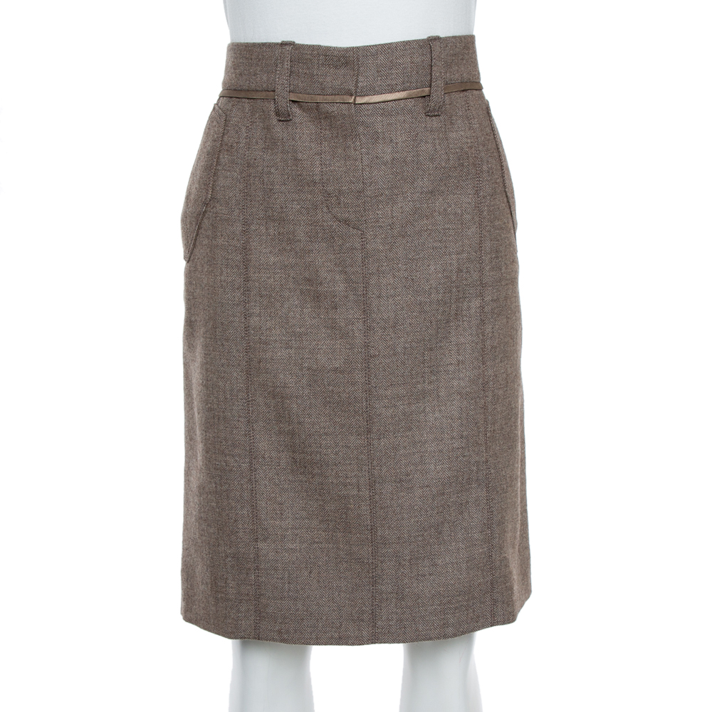 Image of Louis Vuitton Beige Wool Herringbone Pencil Skirt M