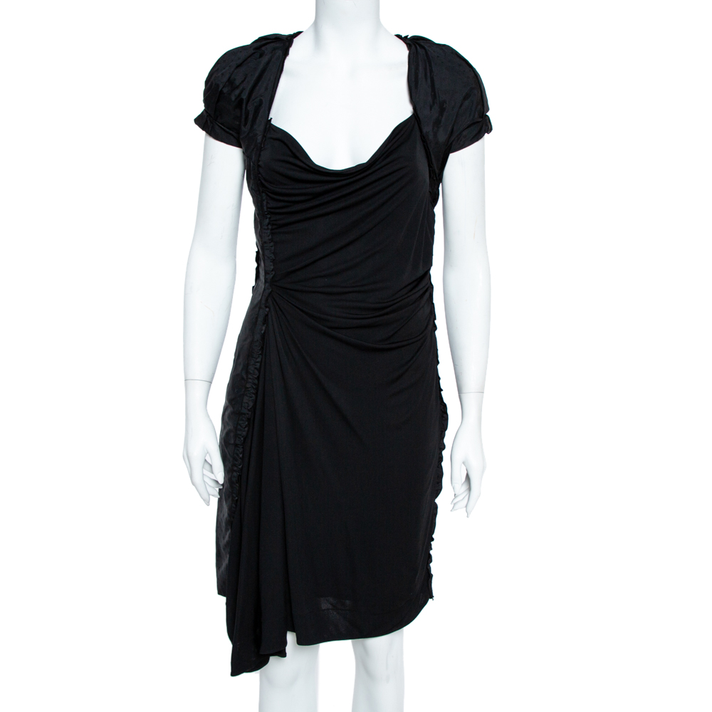 Image of Louis Vuitton Black Jersey Ruffle Trim Ruched Dress M