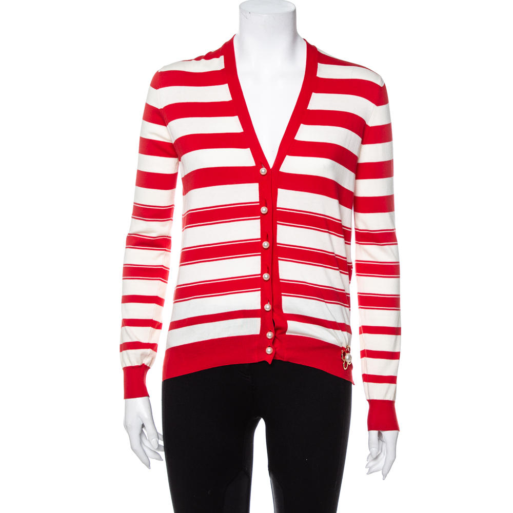 Louis Vuitton Red & Cream Striped Cotton Knit Pearl Button Front Cardigan XS