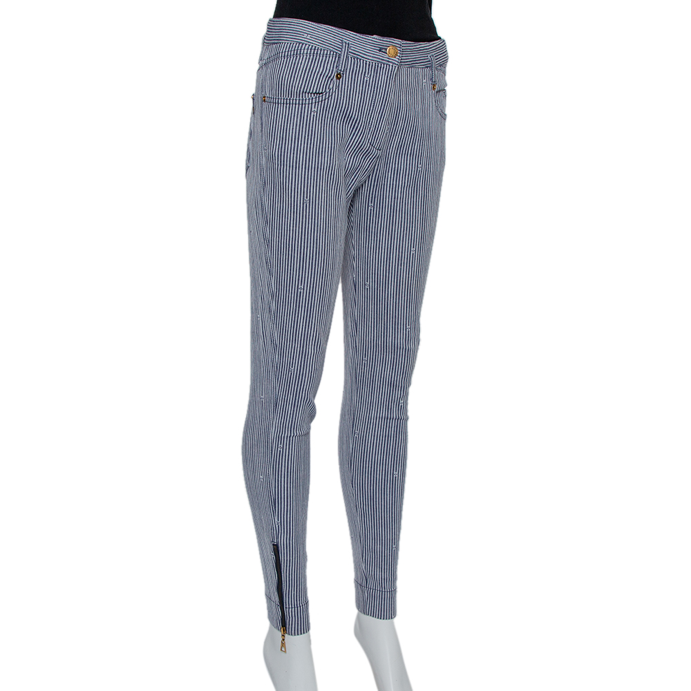 Louis Vuitton Navy Blue Striped Logo Jacquard Zipper Detail Skinny Trousers
Louis Vuitton Navy Blue Striped Logo Jacquard Zipper Detail Skinny Trousers
