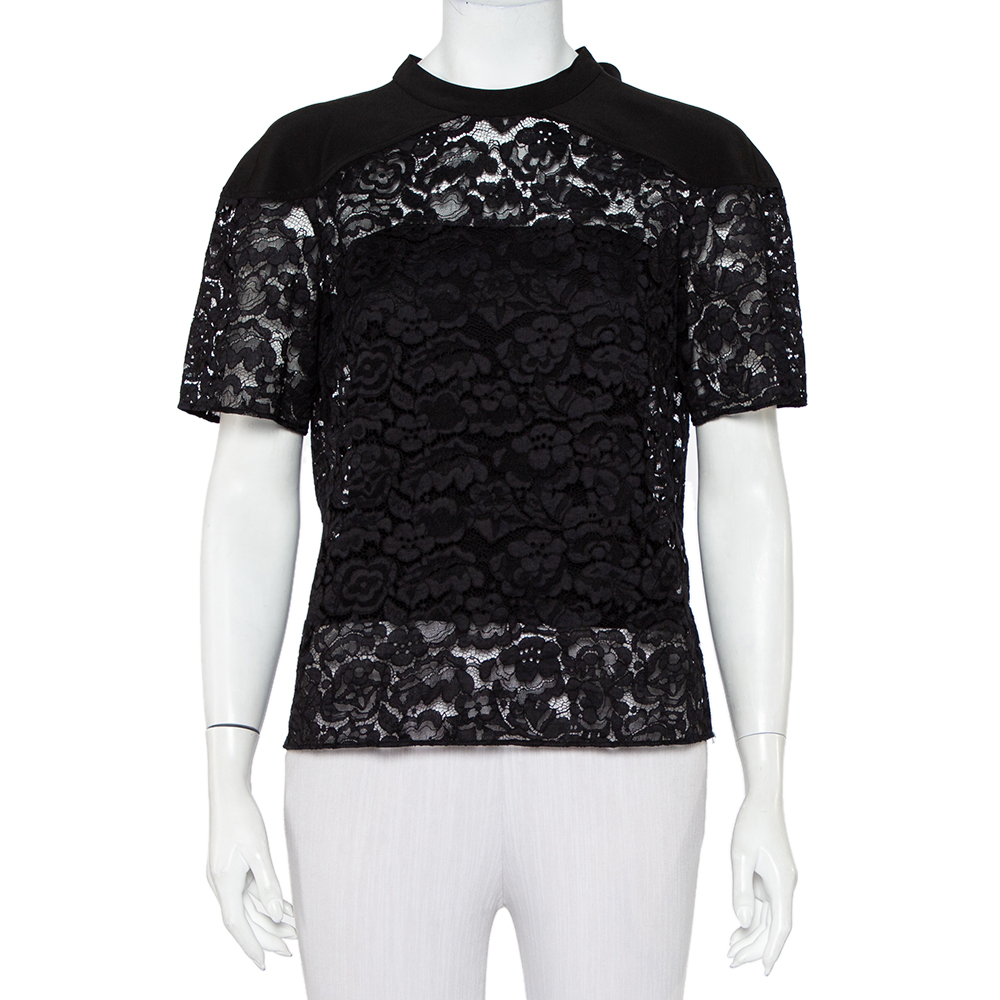 Louis Vuitton Black Lace & Silk Paneled Neck Tie Detail Top M