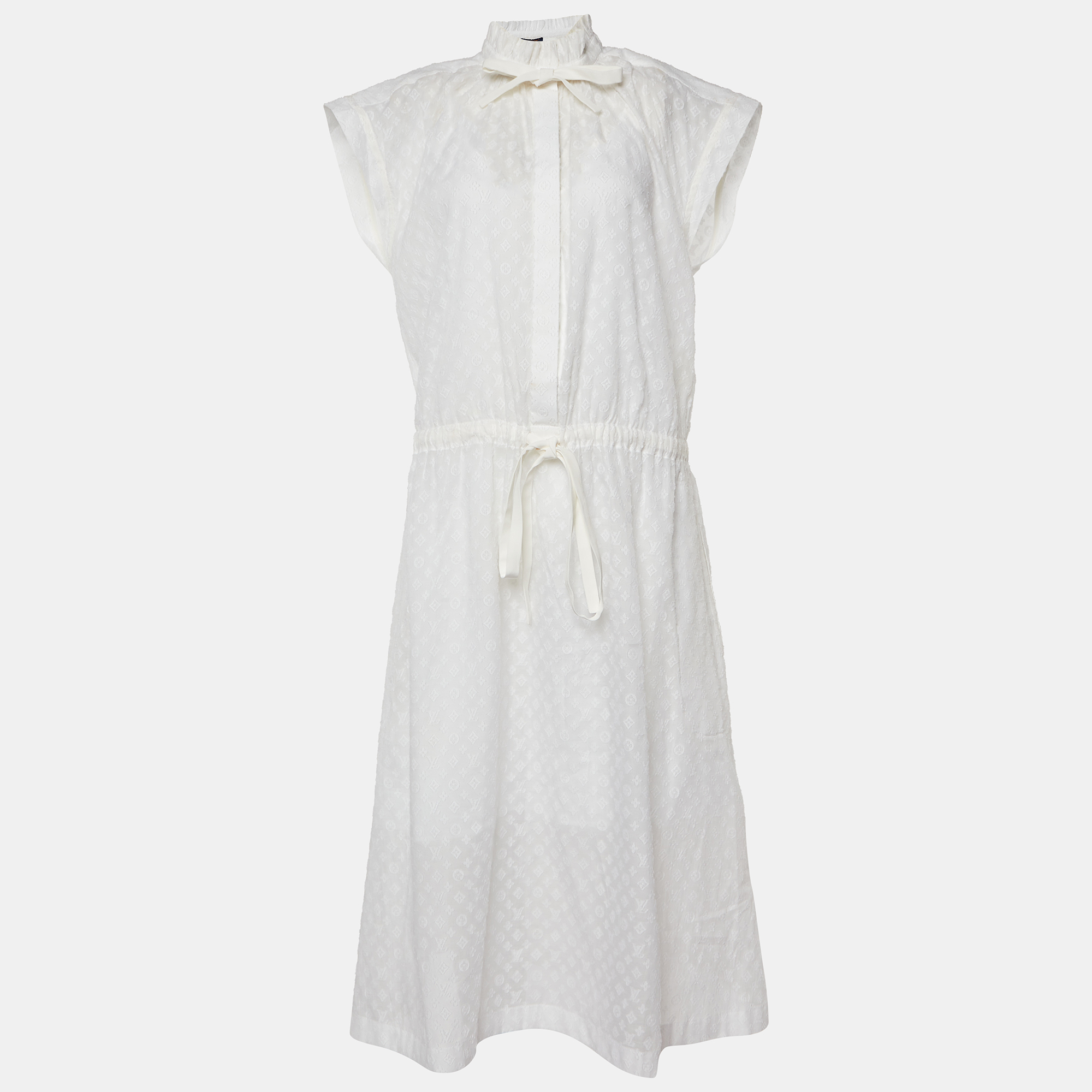 Louis Vuitton White Monogram Fil Coupé Lavaliere Collar Dress S
