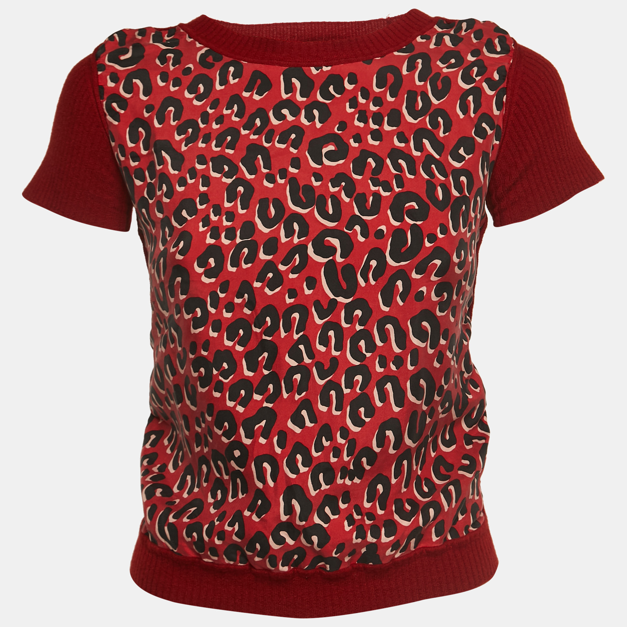 Louis Vuitton Red Leopard Print Silk & Wool Short Sleeve Top M