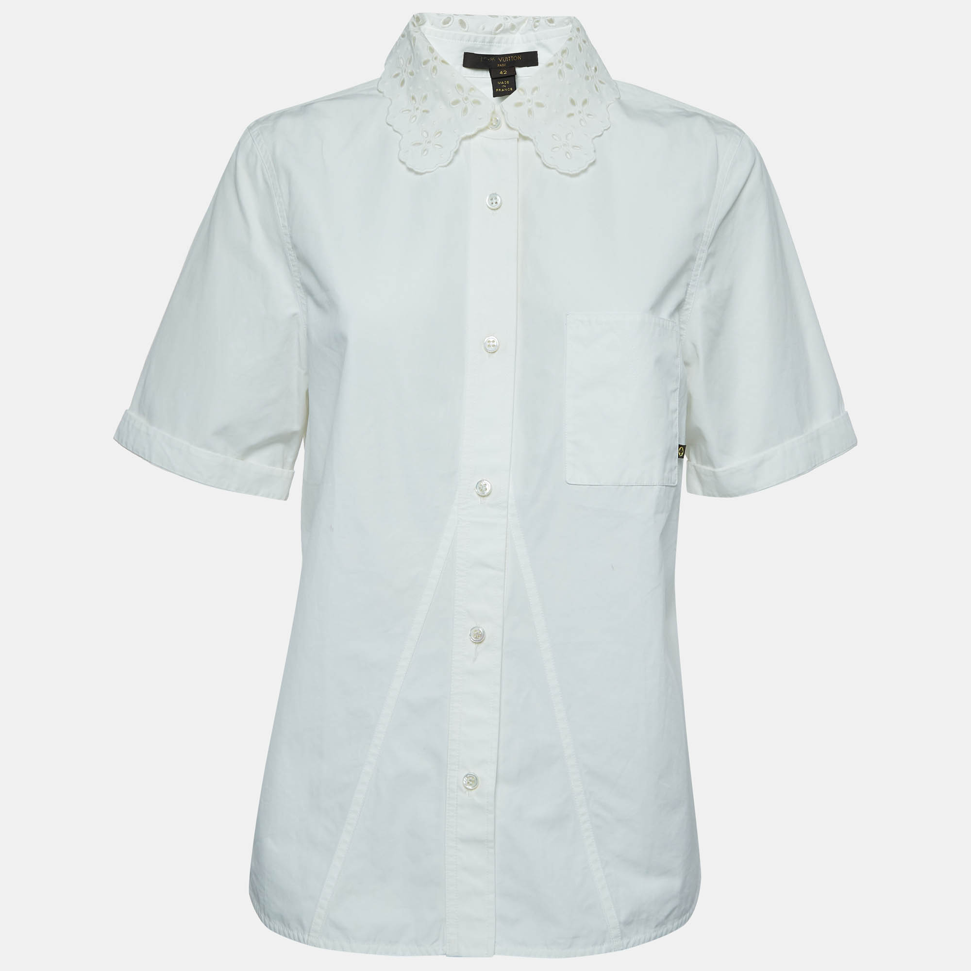 Louis Vuitton Off White Cotton Lace Trimmed Button Front Shirt L