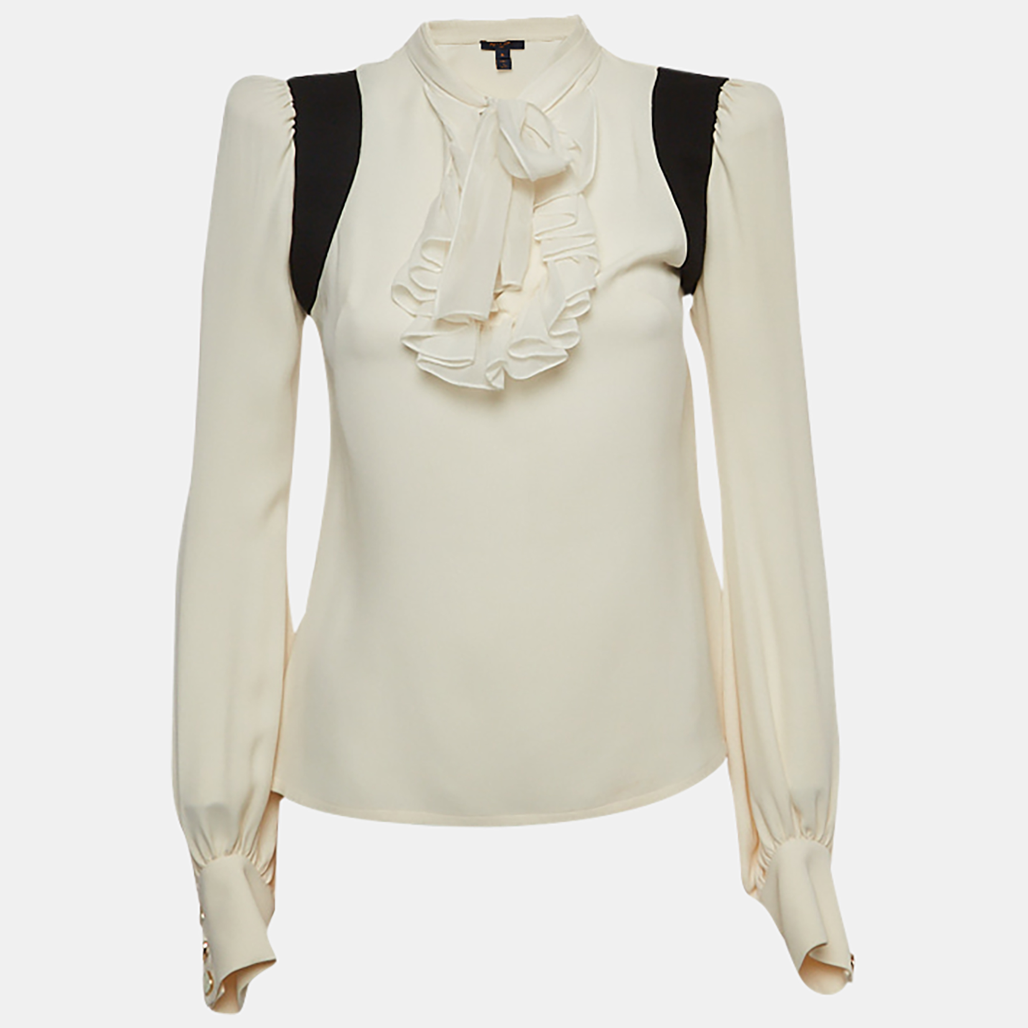 Louis Vuitton Ivory White Silk Ruffled Tie Neck Blouse S