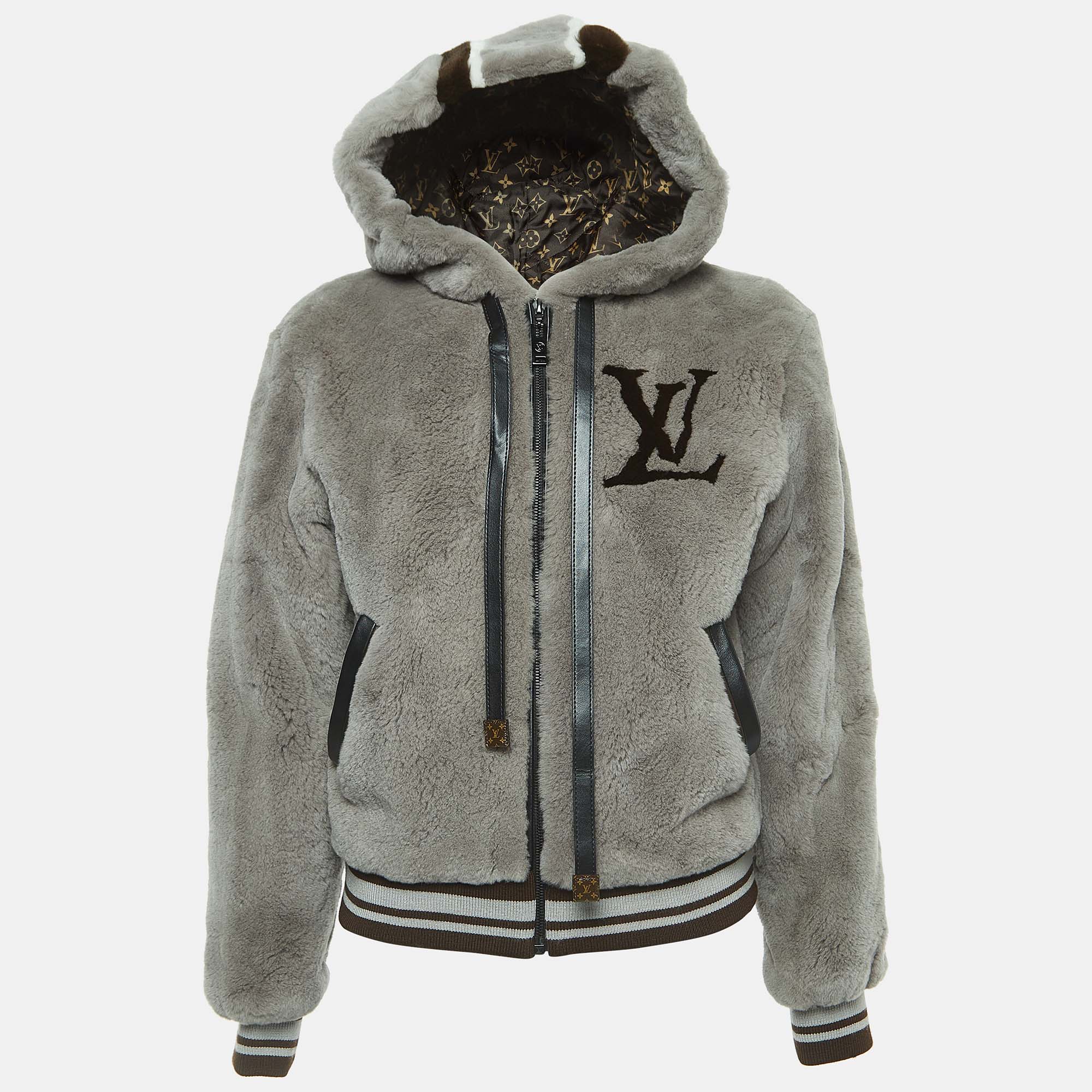 Louis vuitton grey monogram mink fur hooded bomber jacket s