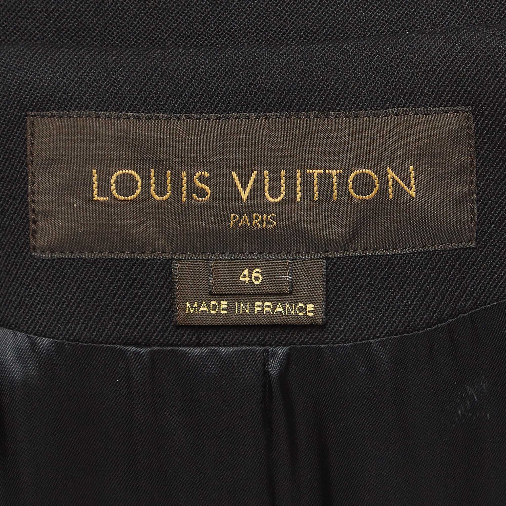 Louis Vuitton Black Wool Leather Tab Waist Single Breasted Coat XL