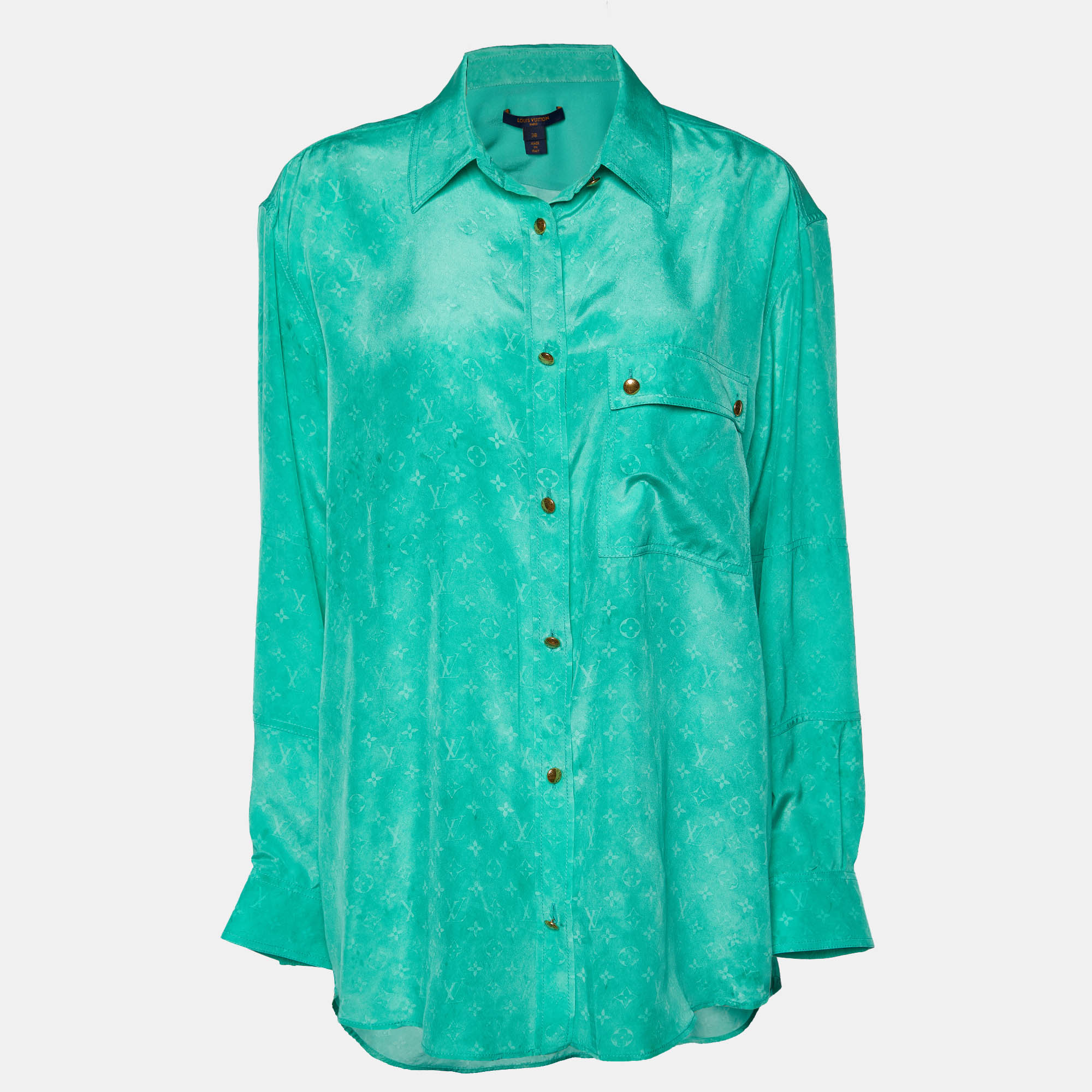 Louis Vuitton Green Monogram Print Silk Button Front Shirt M