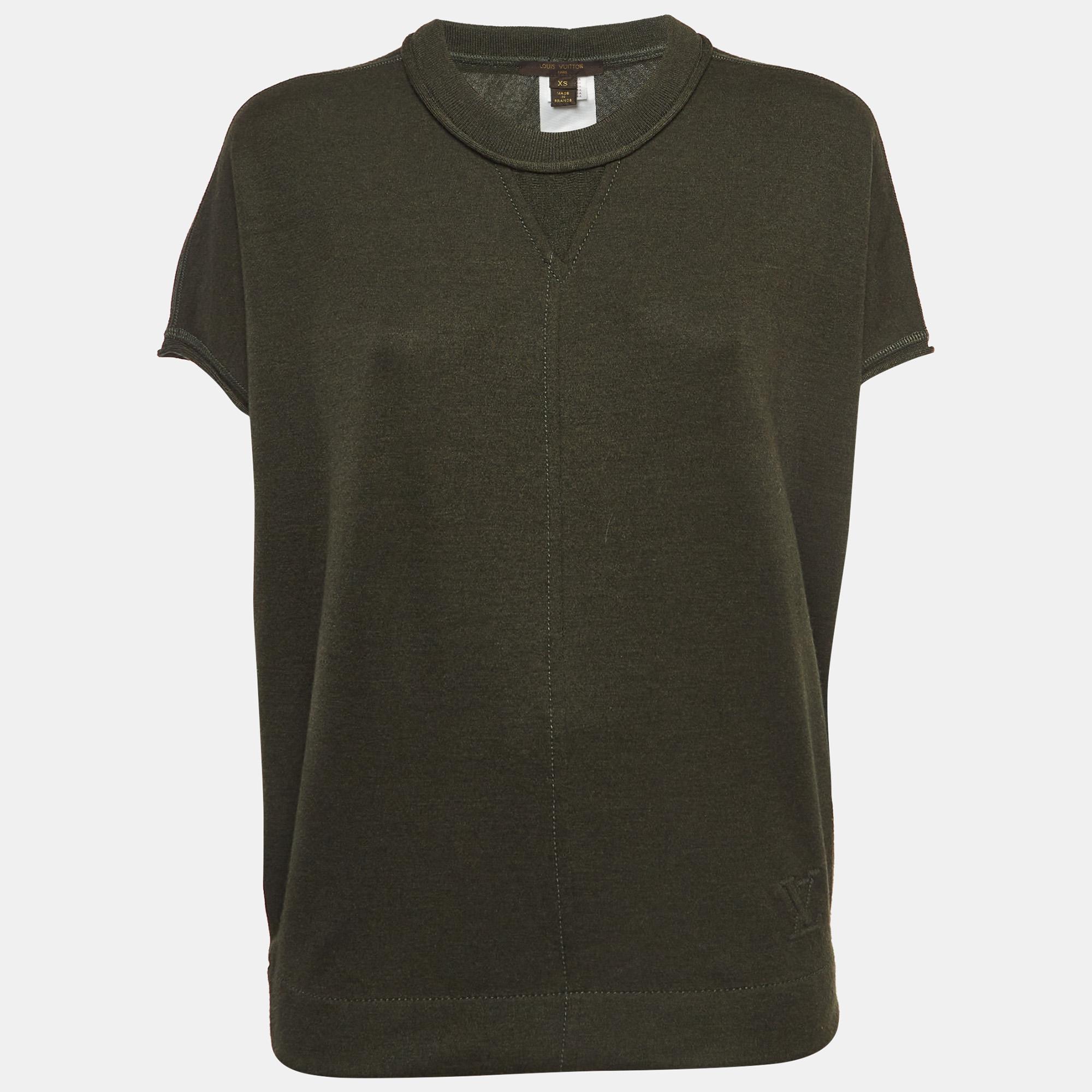 Louis vuitton military green logo embossed cashmere & silk knit top xs