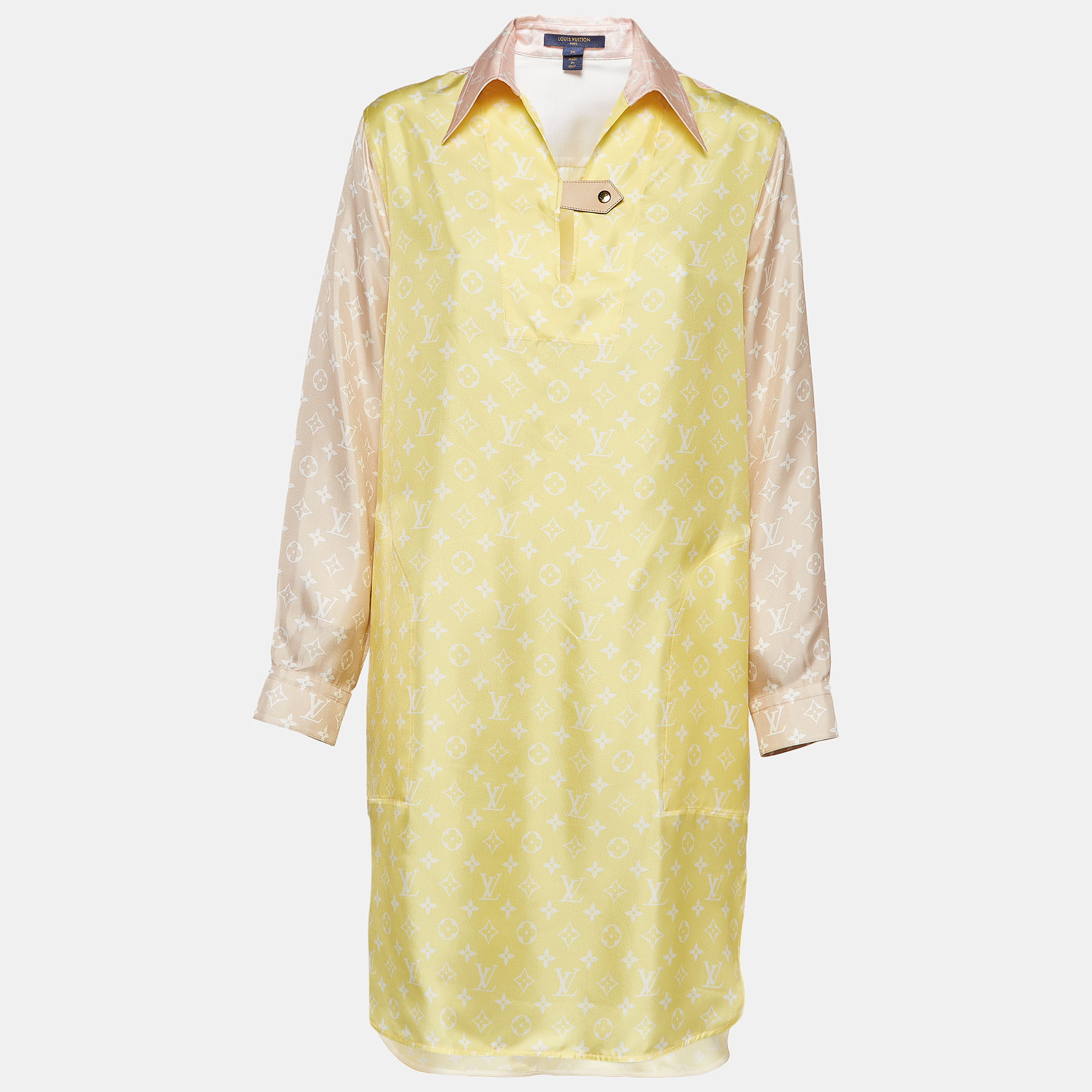 Louis vuitton pastel yellow monogram silk high-low mini shirt dress s
