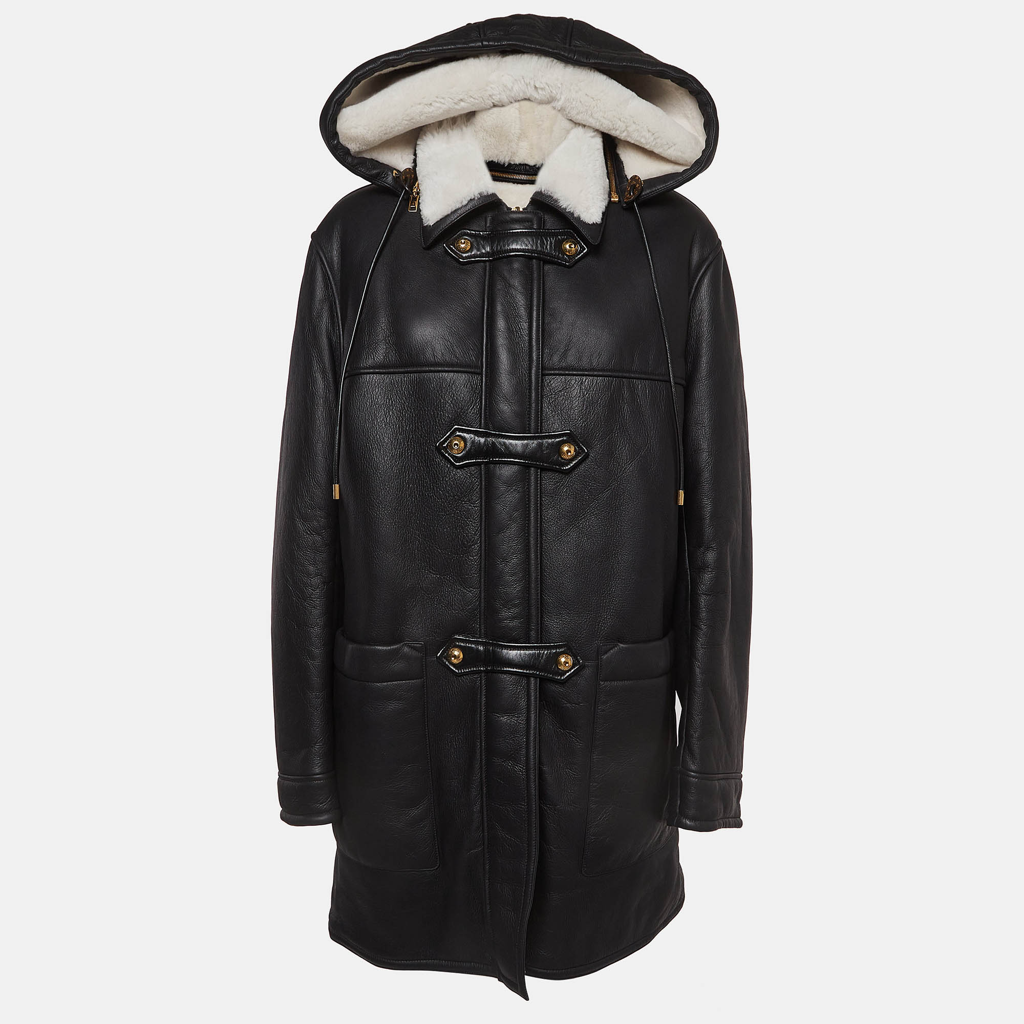 Louis vuitton black shearling and napa leather duffle pea coat m