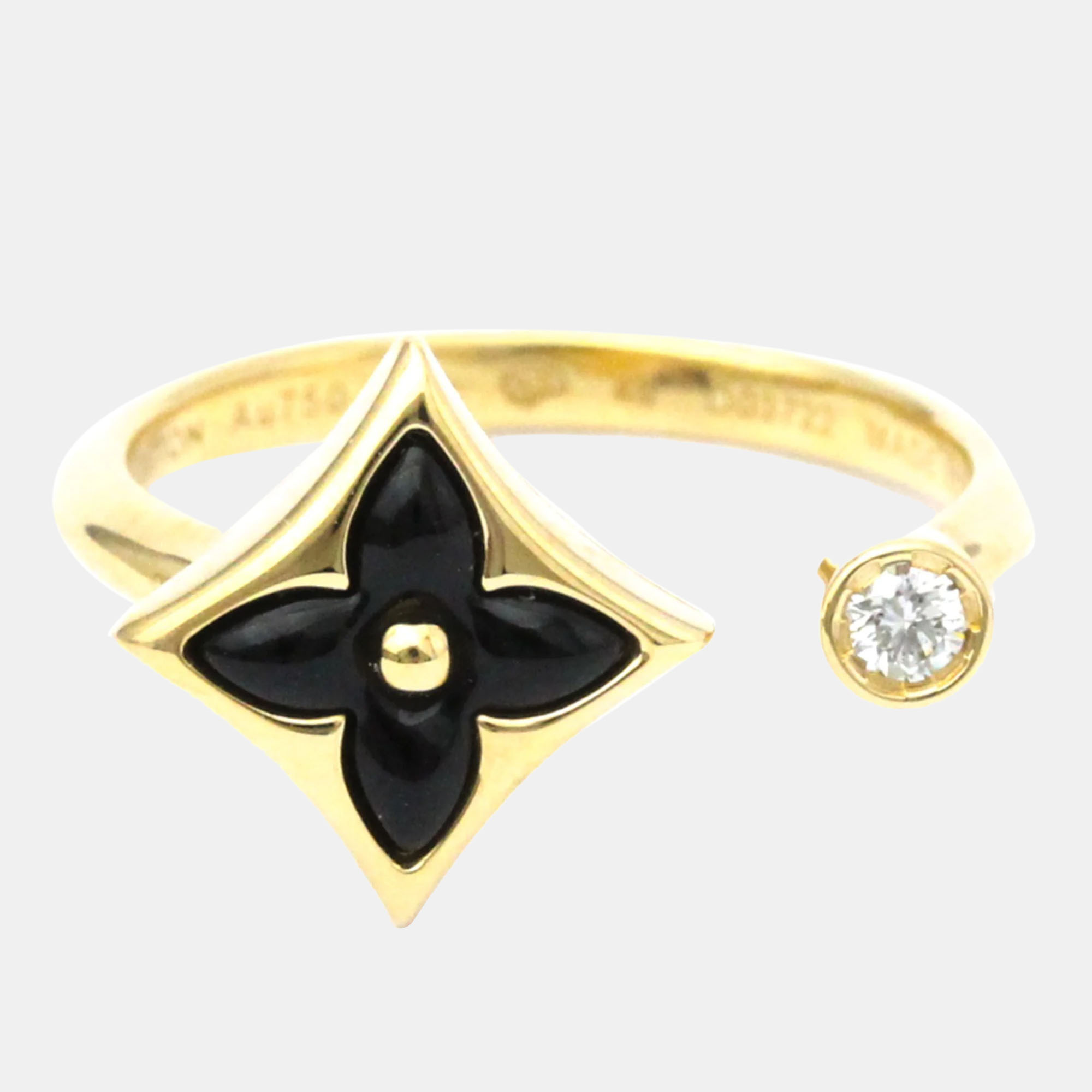 Louis vuitton 18k yellow gold, onyx and diamond color blossom mini star ring eu 48