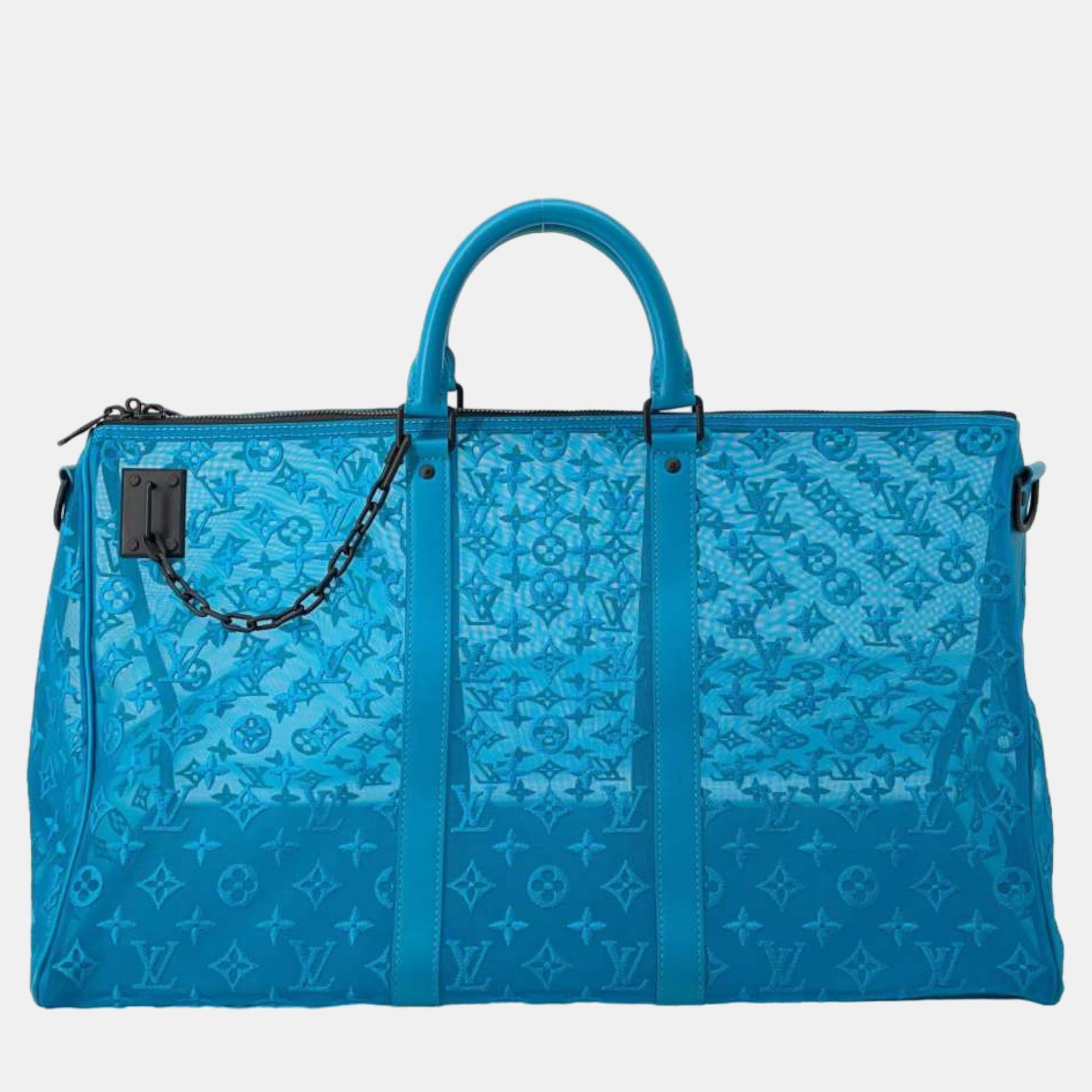 Louis vuitton blue monogram mesh keepall triangle bandouli&egrave;re 50 w/ strap weekender bag